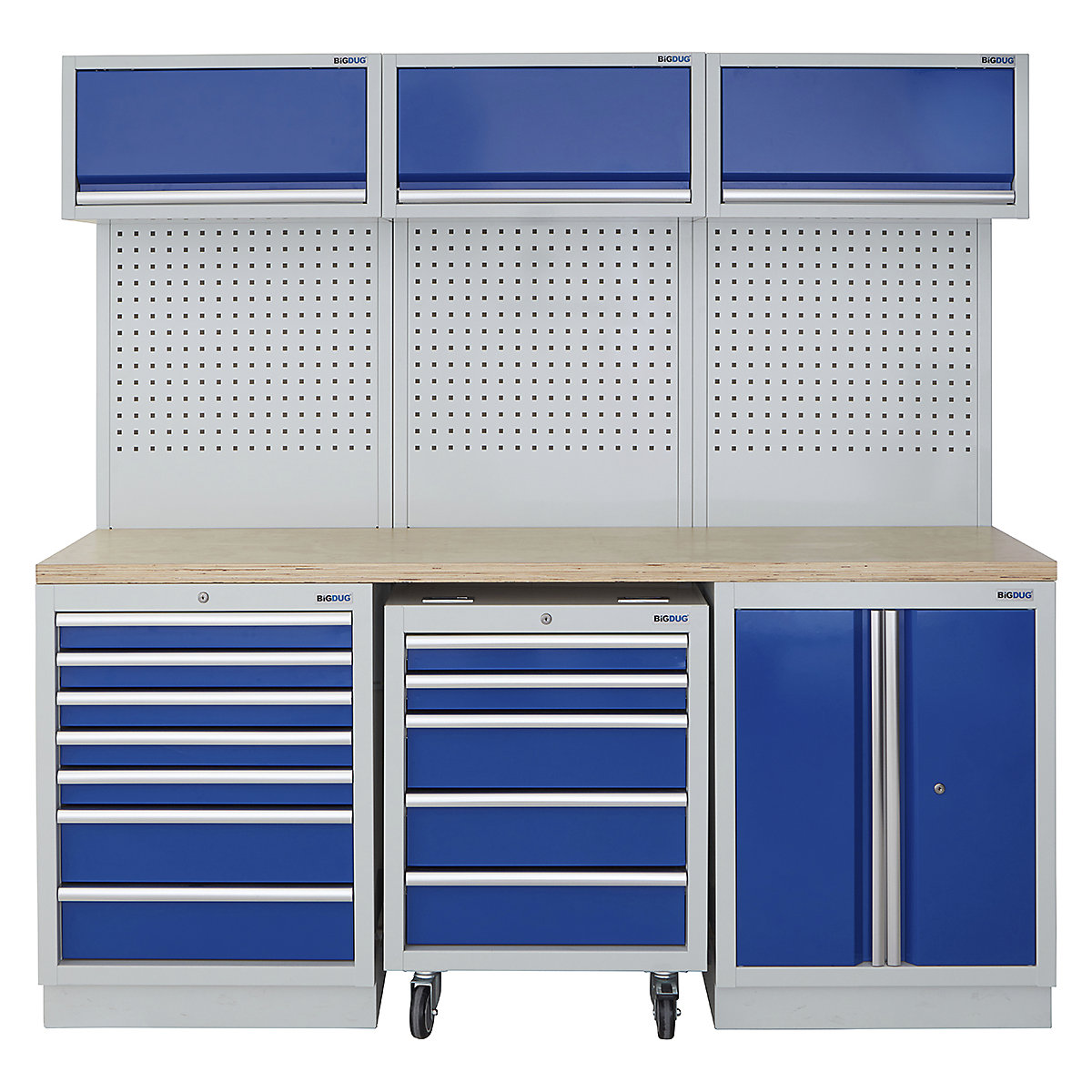 BiGDUG | 2041mm Wide Modular Storage System | 1 Roll Cabinet | 5 Cabinet, BiGDUG | 2041mm Wide Modular Storage System | 1 Roll Cabinet | 5 Cabinet, BiGDUG | 2041mm Wide Storage System | 1x Roll Cabinet | 7 Drawer Cabinet | 2 Door Cupboard | 3x Wall Panel | 3x Wall Cupboard | Grey Housing | Blue Doors | Multiplex Worktop-0