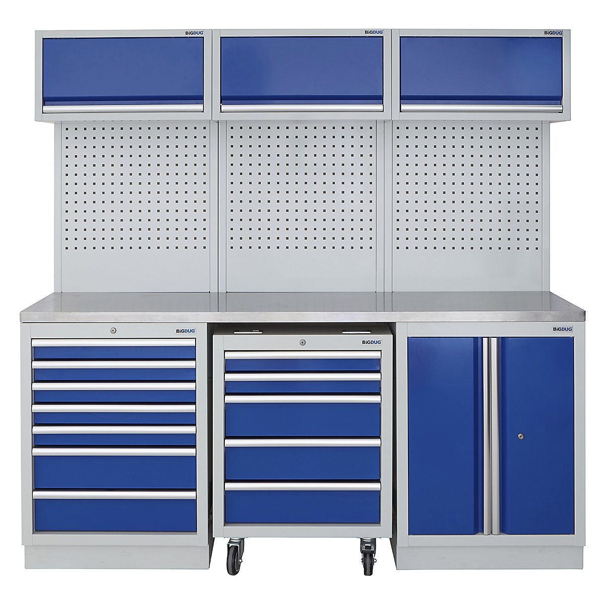BiGDUG | 2041mm Wide Modular Storage System | 1 Roll Cabinet | 5 Cabinet, BiGDUG | 2041mm Wide Modular Storage System | 1 Roll Cabinet | 5 Cabinet, BiGDUG | 2041mm Wide Storage System | 1x Roll Cabinet | 7 Drawer Cabinet | 2 Door Cupboard | 3x Wall Panel | 3x Wall Cupboard | Grey Housing | Blue Doors | Stainless Worktop-0