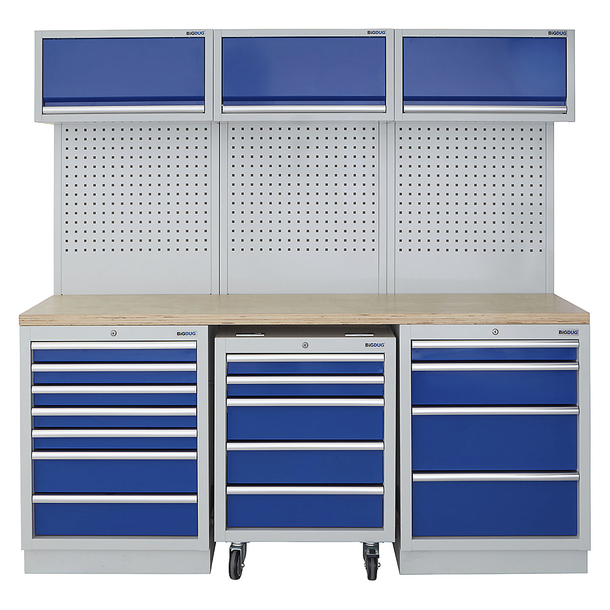 BiGDUG | 2041mm Wide Modular Storage System | 1 Roll Cabinet | 5 Cabinet, BiGDUG | 2041mm Wide Modular Storage System | 1 Roll Cabinet | 5 Cabinet, BiGDUG | 2041mm Wide Storage System | 1x Roll Cabinet | 7 Drawer Cabinet | 4 Drawer Cabinet | 3x Wall Panel | 3x Wall Cupboard | Grey Housing | Blue Doors | Multiplex Worktop-0