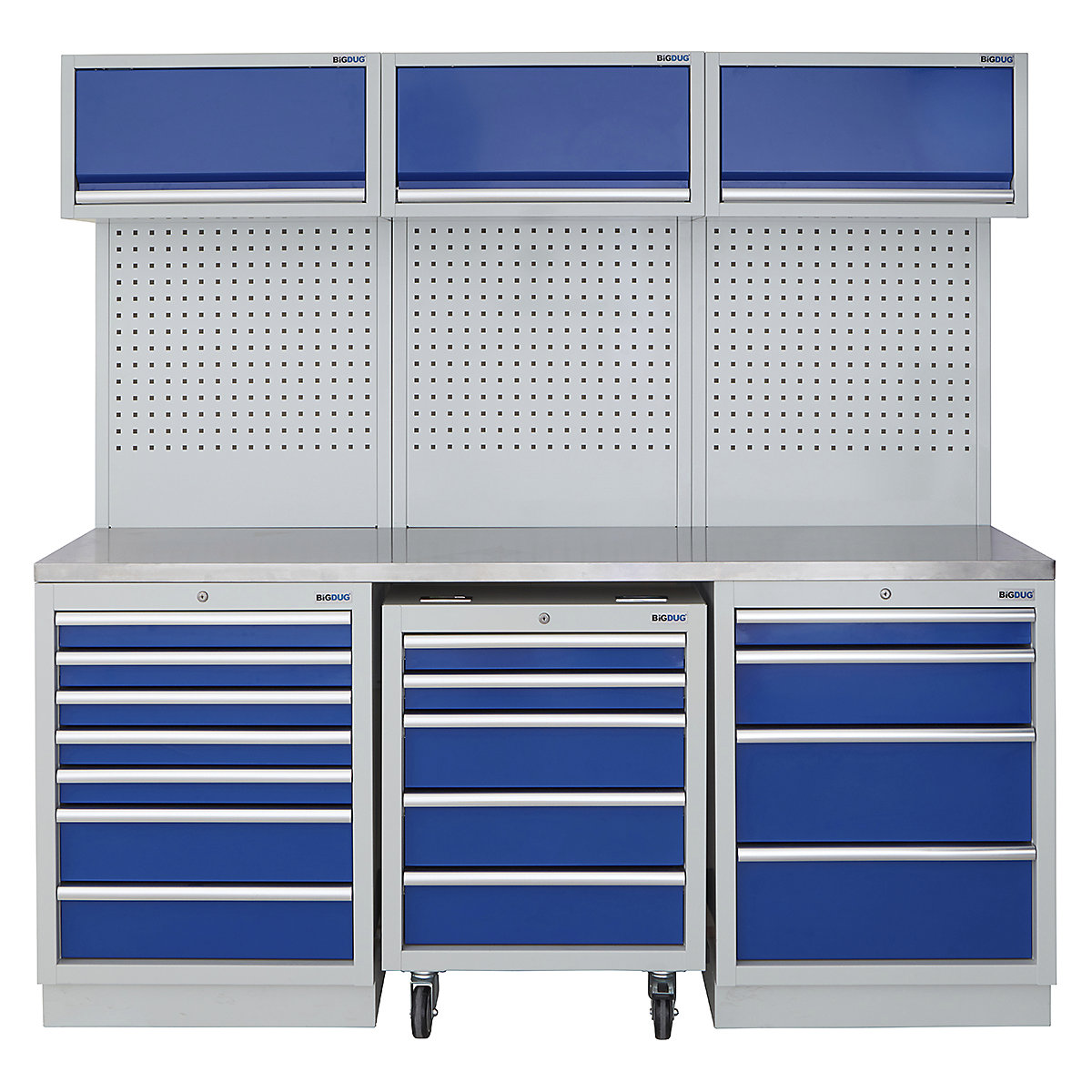 BiGDUG | 2041mm Wide Modular Storage System | 1 Roll Cabinet | 5 Cabinet, BiGDUG | 2041mm Wide Modular Storage System | 1 Roll Cabinet | 5 Cabinet, BiGDUG | 2041mm Wide Storage System | 1x Roll Cabinet | 7 Drawer Cabinet | 4 Drawer Cabinet | 3x Wall Panel | 3x Wall Cupboard | Grey Housing | Blue Doors | Stainless Worktop-0