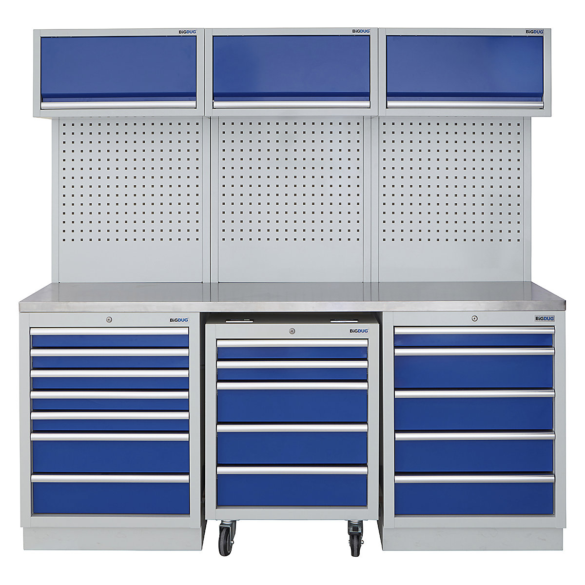BiGDUG | 2041mm Wide Modular Storage System | 1 Roll Cabinet | 5 Cabinet, BiGDUG | 2041mm Wide Modular Storage System | 1 Roll Cabinet | 5 Cabinet, BiGDUG | 2041mm Wide Storage System | 1x Roll Cabinet | 7 Drawer Cabinet | 5 Drawer Cabinet | 3x Wall Panel | 3x Wall Cupboard | Grey Housing | Blue Doors | Stainless Worktop-0