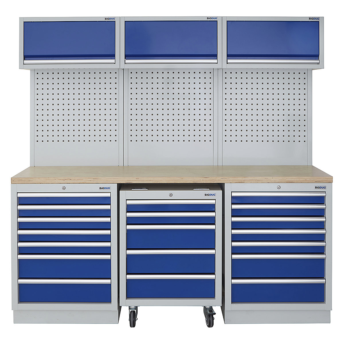 BiGDUG | 2041mm Wide Modular Storage System | 1 Roll Cabinet | 5 Cabinet, BiGDUG | 2041mm Wide Modular Storage System | 1 Roll Cabinet | 5 Cabinet, BiGDUG | 2041mm Wide Storage System | 1x Roll Cabinet | 2x 7 Drawer Cabinet | 3x Wall Panel | 3x Wall Cupboard | Grey Housing | Blue Doors | Multiplex Worktop-0