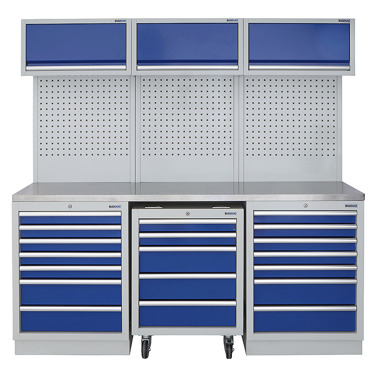 BiGDUG | 2041mm Wide Modular Storage System | 1 Roll Cabinet | 5 Cabinet, BiGDUG | 2041mm Wide Modular Storage System | 1 Roll Cabinet | 5 Cabinet, BiGDUG | 2041mm Wide Storage System | 1x Roll Cabinet | 2x 7 Drawer Cabinet | 3x Wall Panel | 3x Wall Cupboard | Grey Housing | Blue Doors | Stainless Worktop-0