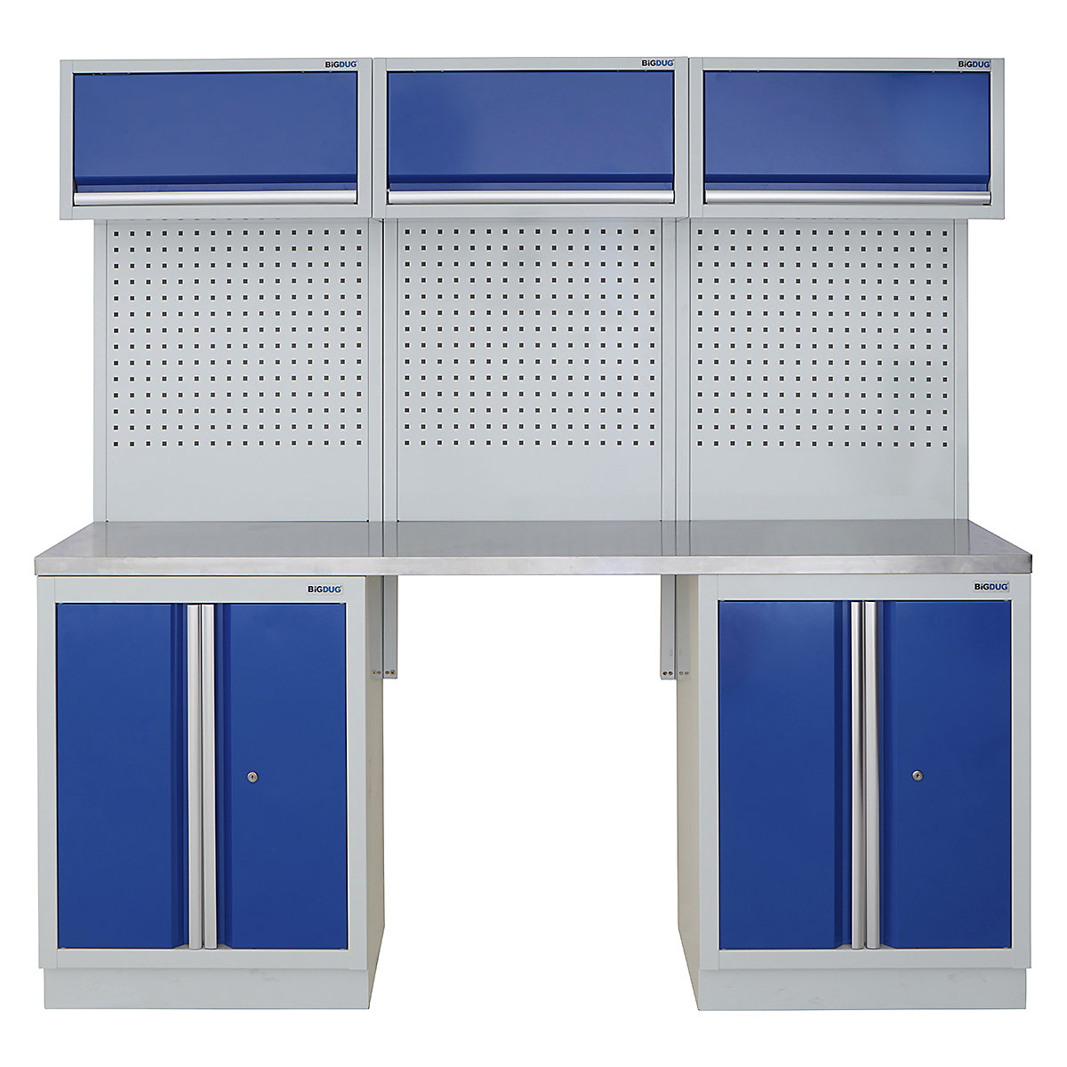 BiGDUG | 2041mm Wide Modular Storage System | 5 Cabinet, BiGDUG | 2041mm Wide Modular Storage System | 5 Cabinet, BiGDUG | 2041mm Wide Storage System | 2x 2 Door Cupboard | 3x Wall Panel | 3x Wall Cupboard | Grey Housing | Blue Doors | Stainless Worktop-0