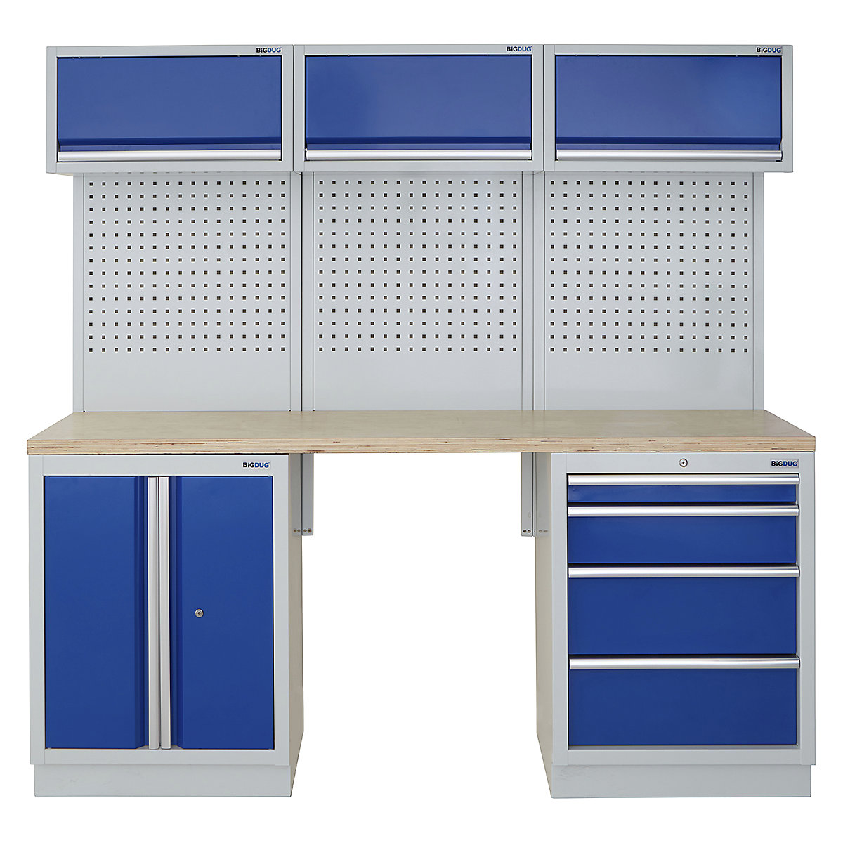 BiGDUG | 2041mm Wide Modular Storage System | 5 Cabinet, BiGDUG | 2041mm Wide Modular Storage System | 5 Cabinet, BiGDUG | 2041mm Wide Storage System | 2 Door Cupboard | 4 Drawer Cabinet | 3x Wall Panel | 3x Wall Cupboard | Grey Housing | Blue Doors | Multiplex Worktop-0