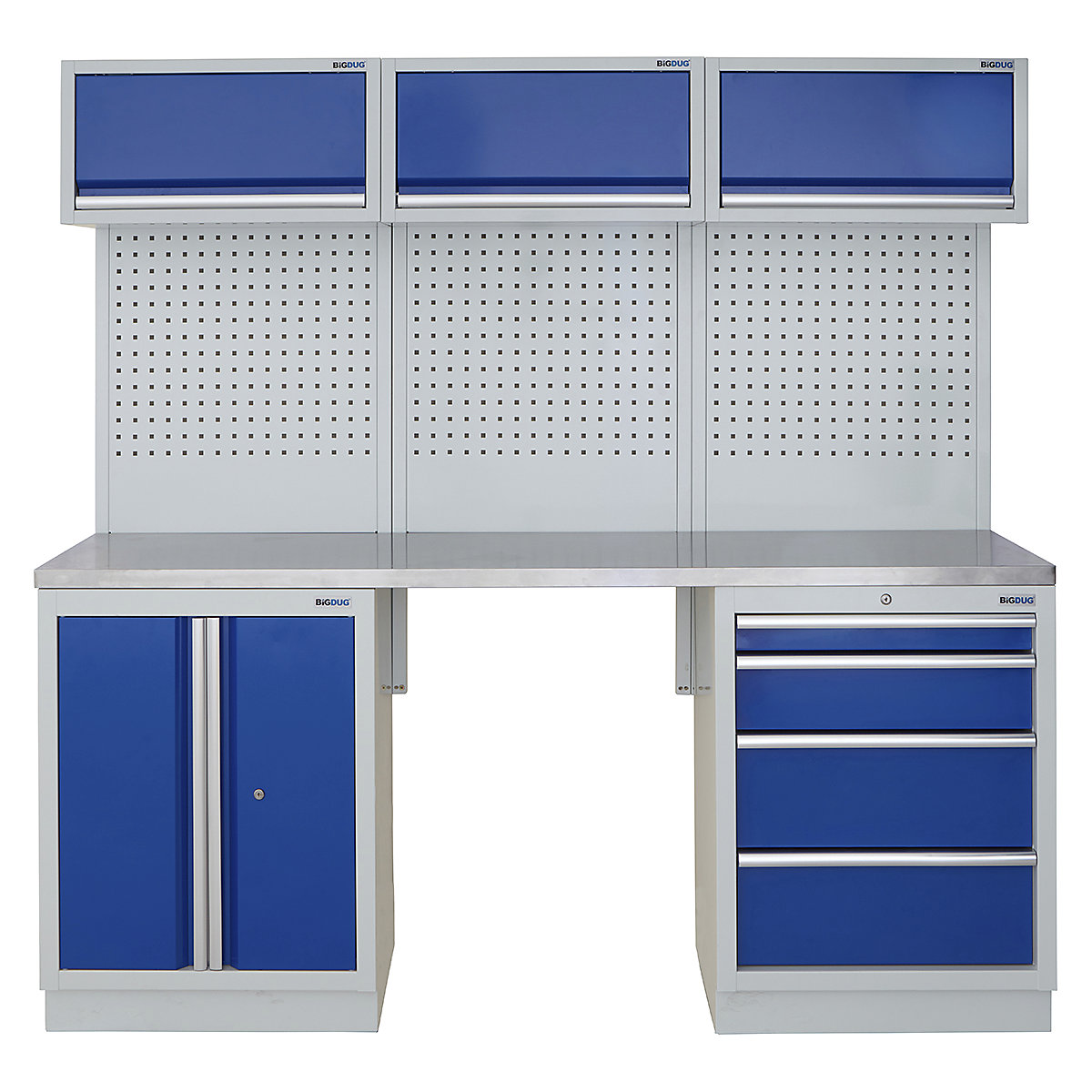 BiGDUG | 2041mm Wide Modular Storage System | 5 Cabinet, BiGDUG | 2041mm Wide Modular Storage System | 5 Cabinet, BiGDUG | 2041mm Wide Storage System | 2 Door Cupboard | 4 Drawer Cabinet | 3x Wall Panel | 3x Wall Cupboard | Grey Housing | Blue Doors | Stainless Worktop-0