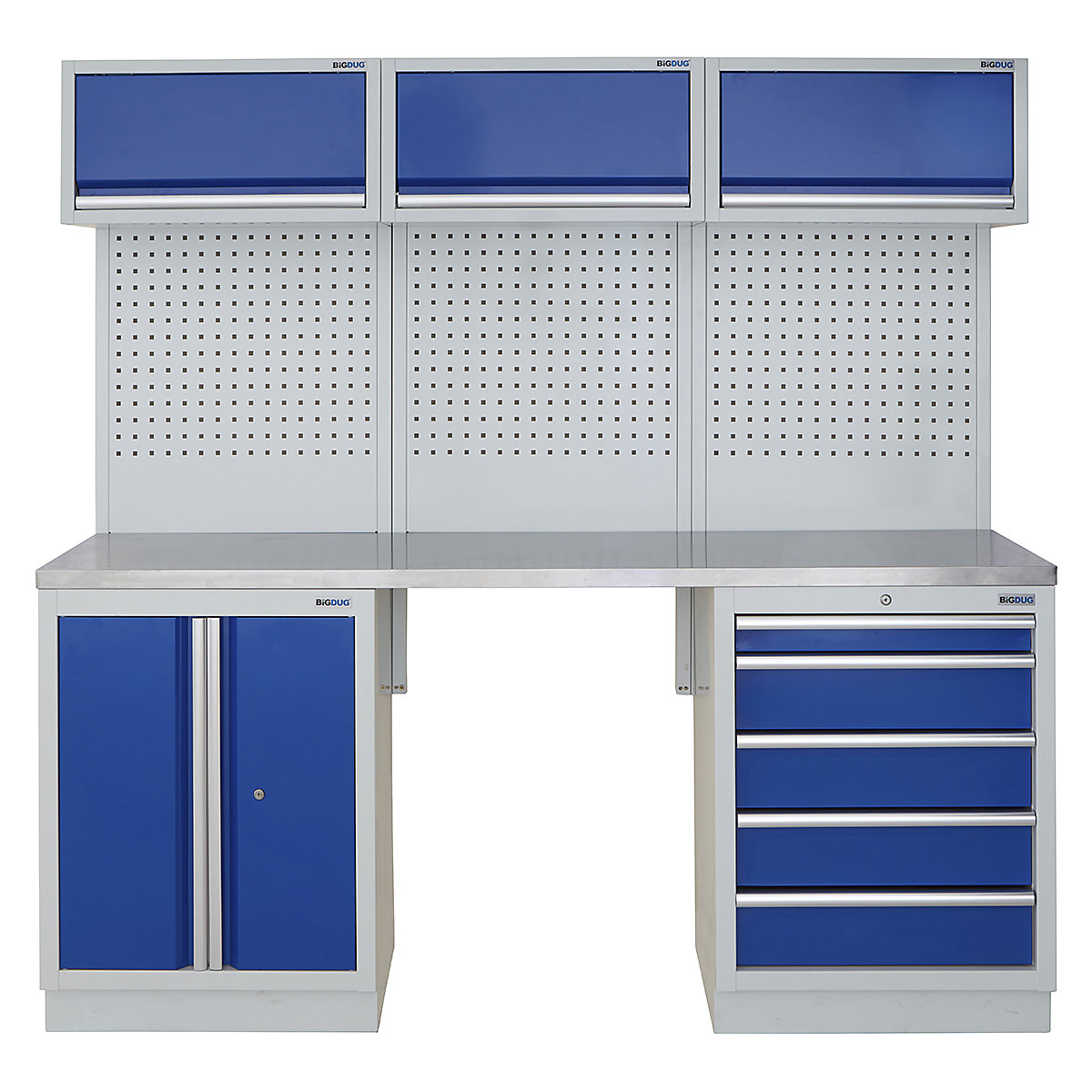 BiGDUG | 2041mm Wide Modular Storage System | 5 Cabinet, BiGDUG | 2041mm Wide Modular Storage System | 5 Cabinet, BiGDUG | 2041mm Wide Storage System | 2 Door Cupboard | 5 Drawer Cabinet | 3x Wall Panel | 3x Wall Cupboard | Grey Housing | Blue Doors | Stainless Worktop-2