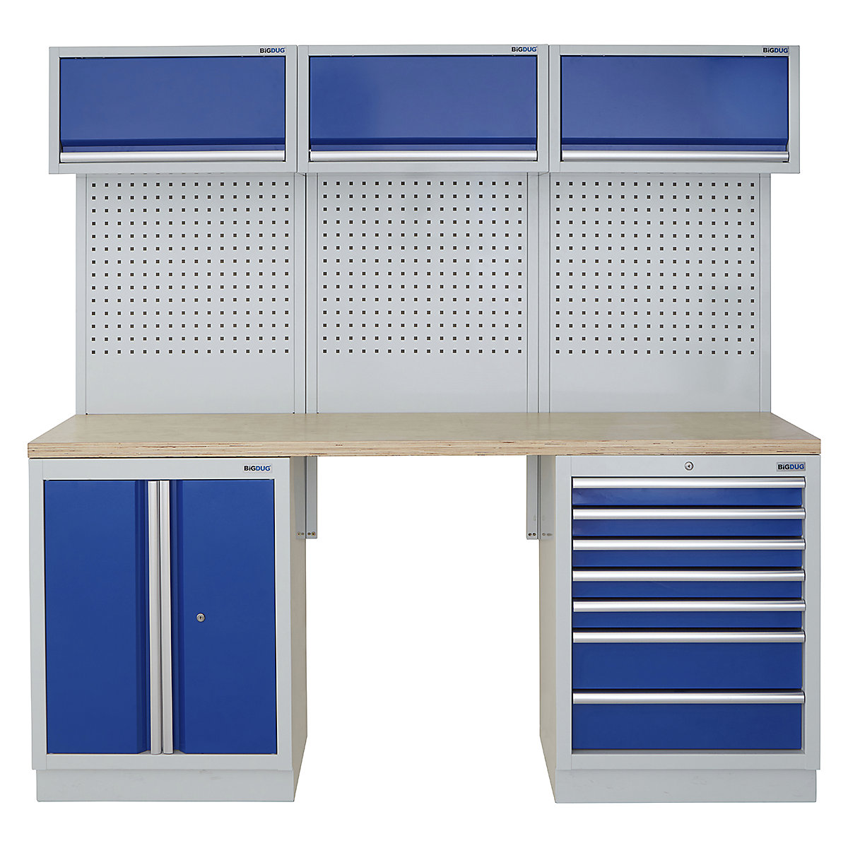 BiGDUG | 2041mm Wide Modular Storage System | 5 Cabinet, BiGDUG | 2041mm Wide Modular Storage System | 5 Cabinet, BiGDUG | 2041mm Wide Storage System | 2 Door Cupboard | 7 Drawer Cabinet | 3x Wall Panel | 3x Wall Cupboard | Grey Housing | Blue Doors | Multiplex Worktop-0