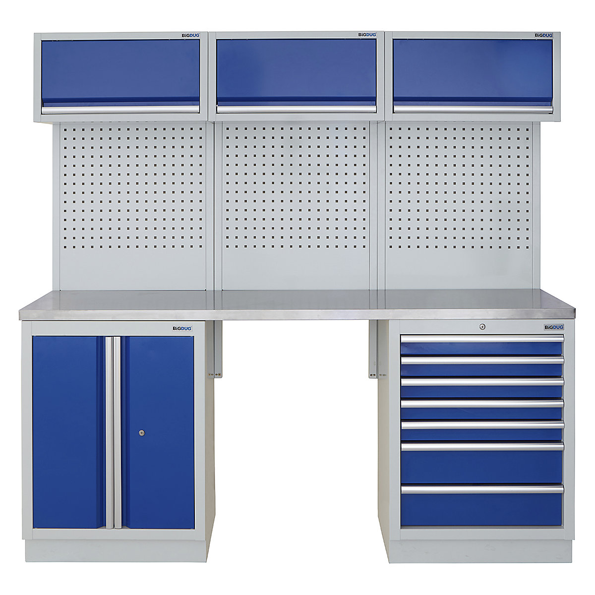 BiGDUG | 2041mm Wide Modular Storage System | 5 Cabinet, BiGDUG | 2041mm Wide Modular Storage System | 5 Cabinet, BiGDUG | 2041mm Wide Storage System | 2 Door Cupboard | 7 Drawer Cabinet | 3x Wall Panel | 3x Wall Cupboard | Grey Housing | Blue Doors | Stainless Worktop-0
