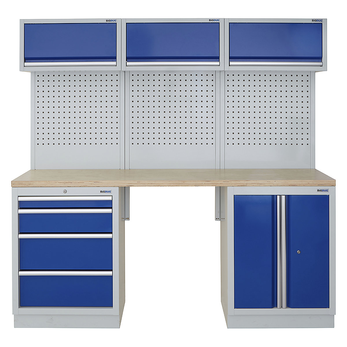 BiGDUG | 2041mm Wide Modular Storage System | 5 Cabinet, BiGDUG | 2041mm Wide Modular Storage System | 5 Cabinet, BiGDUG | 2041mm Wide Storage System | 4 Drawer Cabinet | 2 Door Cupboard | 3x Wall Panel | 3x Wall Cupboard | Grey Housing | Blue Doors | Multiplex Worktop-0