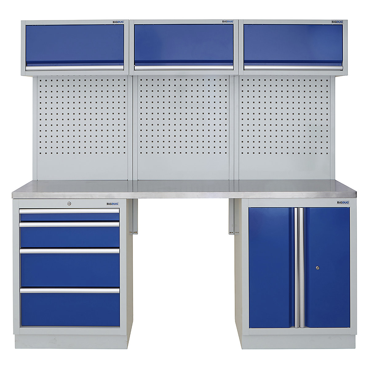 BiGDUG | 2041mm Wide Modular Storage System | 5 Cabinet, BiGDUG | 2041mm Wide Modular Storage System | 5 Cabinet, BiGDUG | 2041mm Wide Storage System | 4 Drawer Cabinet | 2 Door Cupboard | 3x Wall Panel | 3x Wall Cupboard | Grey Housing | Blue Doors | Stainless Worktop-0