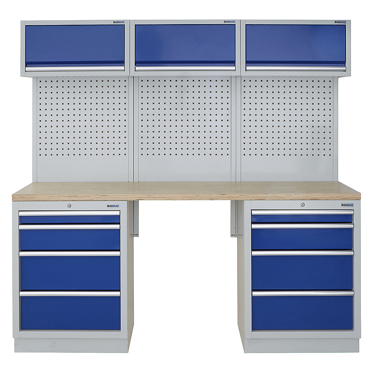 BiGDUG | 2041mm Wide Modular Storage System | 5 Cabinet, BiGDUG | 2041mm Wide Modular Storage System | 5 Cabinet, BiGDUG | 2041mm Wide Storage System | 2x 4 Drawer Cabinet | 3x Wall Panel | 3x Wall Cupboard | Grey Housing | Blue Doors | Multiplex Worktop-0