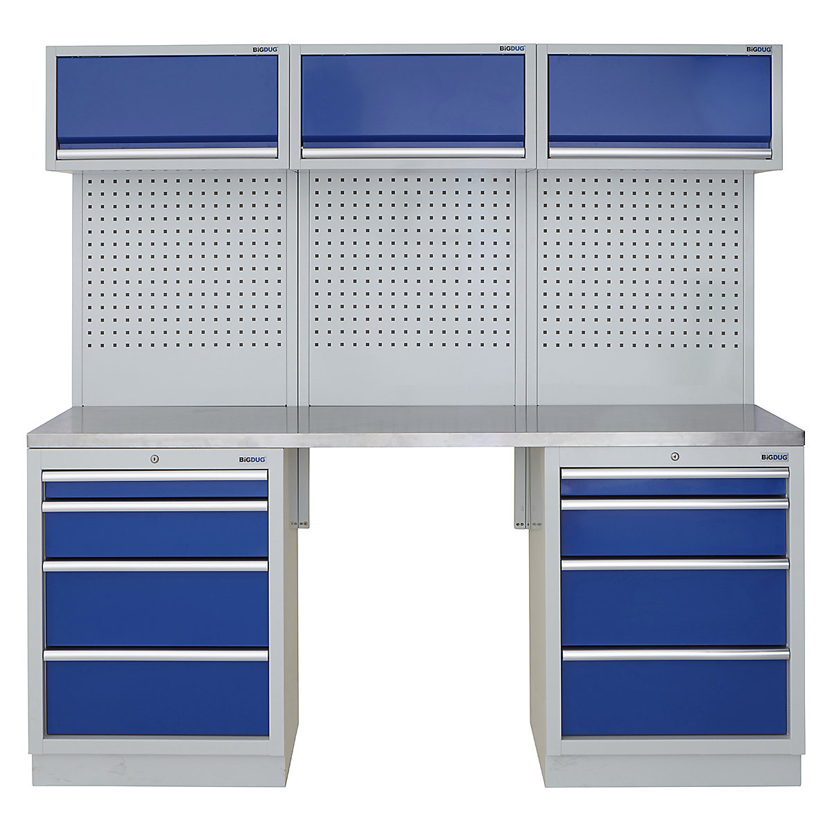 BiGDUG | 2041mm Wide Modular Storage System | 5 Cabinet, BiGDUG | 2041mm Wide Modular Storage System | 5 Cabinet, BiGDUG | 2041mm Wide Storage System | 2x 4 Drawer Cabinet | 3x Wall Panel | 3x Wall Cupboard | Grey Housing | Blue Doors | Stainless Worktop-0