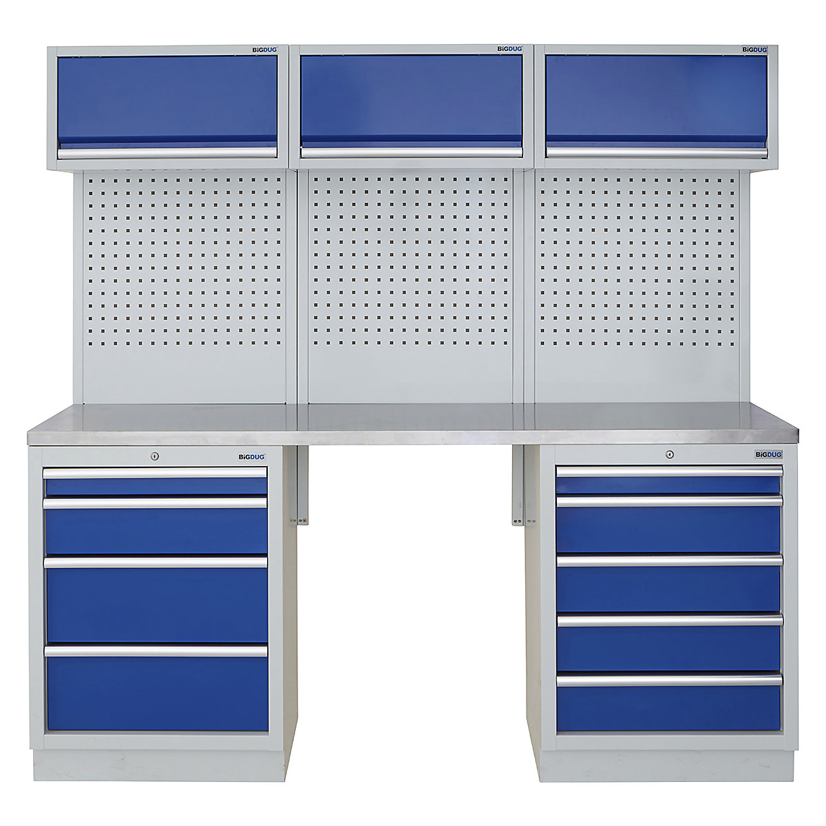 BiGDUG | 2041mm Wide Modular Storage System | 5 Cabinet, BiGDUG | 2041mm Wide Modular Storage System | 5 Cabinet, BiGDUG | 2041mm Wide Storage System | 4 Drawer Cabinet | 5 Drawer Cabinet | 3x Wall Panel | 3x Wall Cupboard | Grey Housing | Blue Doors | Stainless Worktop-0