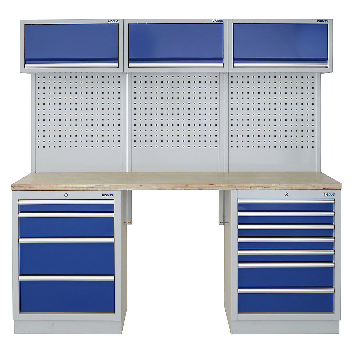 BiGDUG | 2041mm Wide Modular Storage System | 5 Cabinet, BiGDUG | 2041mm Wide Modular Storage System | 5 Cabinet, BiGDUG | 2041mm Wide Storage System | 4 Drawer Cabinet | 7 Drawer Cabinet | 3x Wall Panel | 3x Wall Cupboard | Grey Housing | Blue Doors | Multiplex Worktop-0