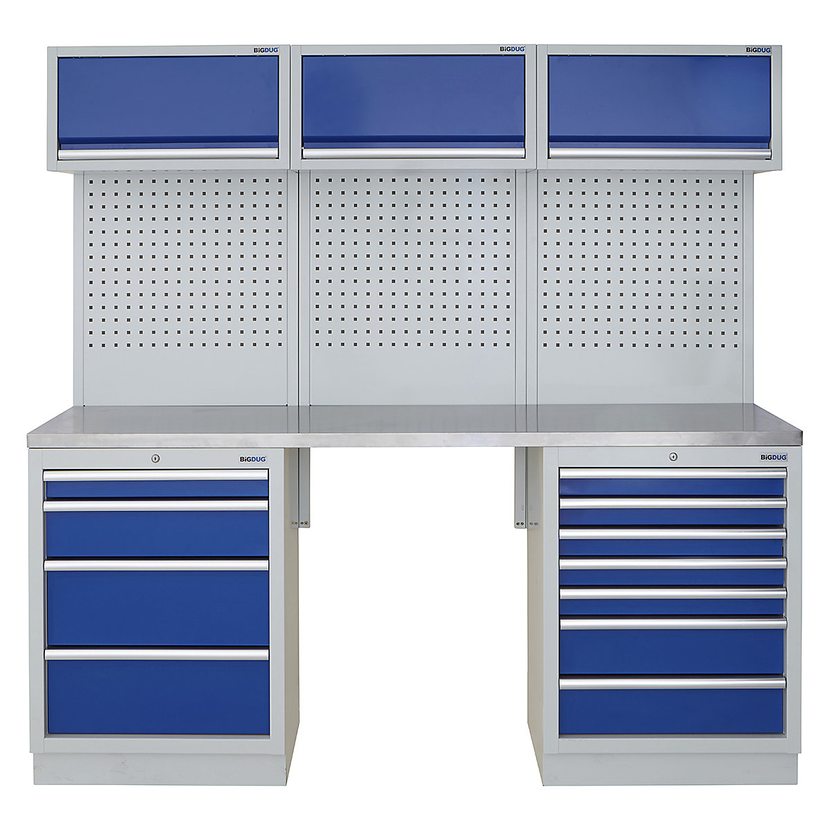 BiGDUG | 2041mm Wide Modular Storage System | 5 Cabinet, BiGDUG | 2041mm Wide Modular Storage System | 5 Cabinet, BiGDUG | 2041mm Wide Storage System | 4 Drawer Cabinet | 7 Drawer Cabinet | 3x Wall Panel | 3x Wall Cupboard | Grey Housing | Blue Doors | Stainless Worktop-0