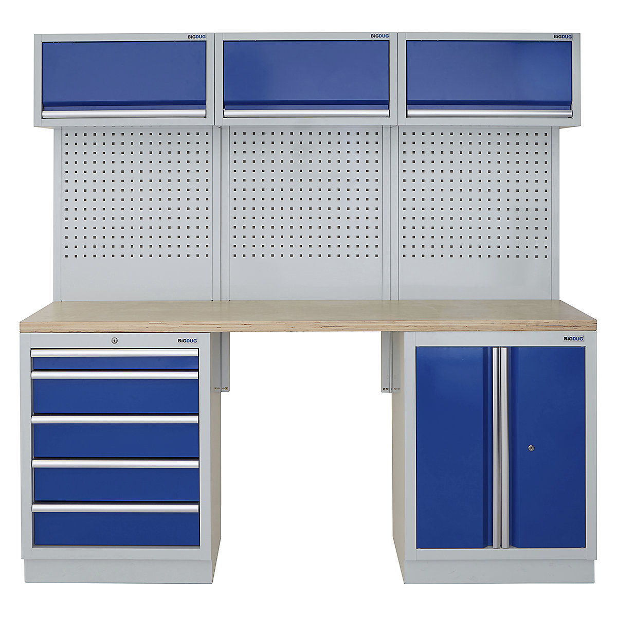 BiGDUG | 2041mm Wide Modular Storage System | 5 Cabinet, BiGDUG | 2041mm Wide Modular Storage System | 5 Cabinet, BiGDUG | 2041mm Wide Storage System | 5 Drawer Cabinet | 2 Door Cupboard | 3x Wall Panel | 3x Wall Cupboard | Grey Housing | Blue Doors | Multiplex Worktop-0