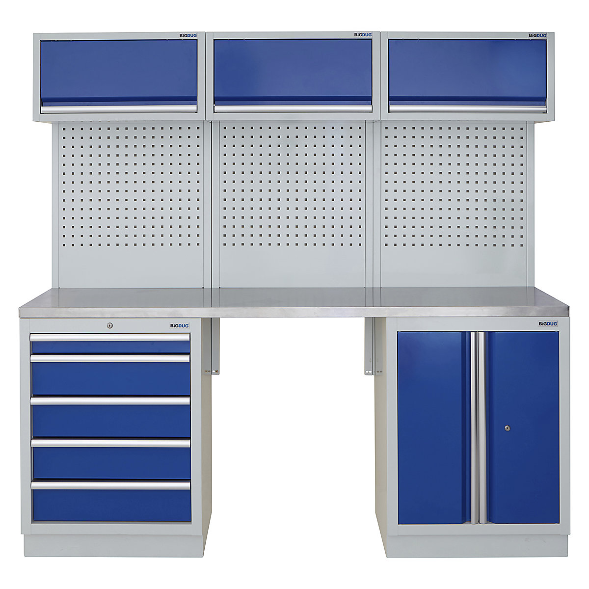 BiGDUG | 2041mm Wide Modular Storage System | 5 Cabinet, BiGDUG | 2041mm Wide Modular Storage System | 5 Cabinet, BiGDUG | 2041mm Wide Storage System | 5 Drawer Cabinet | 2 Door Cupboard | 3x Wall Panel | 3x Wall Cupboard | Grey Housing | Blue Doors | Stainless Worktop-0