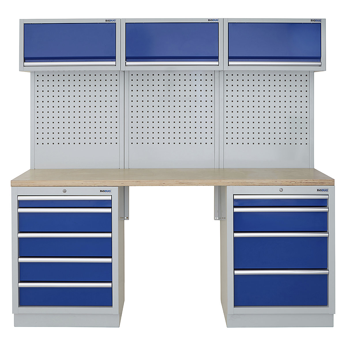 BiGDUG | 2041mm Wide Modular Storage System | 5 Cabinet, BiGDUG | 2041mm Wide Modular Storage System | 5 Cabinet, BiGDUG | 2041mm Wide Storage System | 5 Drawer Cabinet | 4 Drawer Cabinet | 3x Wall Panel | 3x Wall Cupboard | Grey Housing | Blue Doors | Multiplex Worktop-0