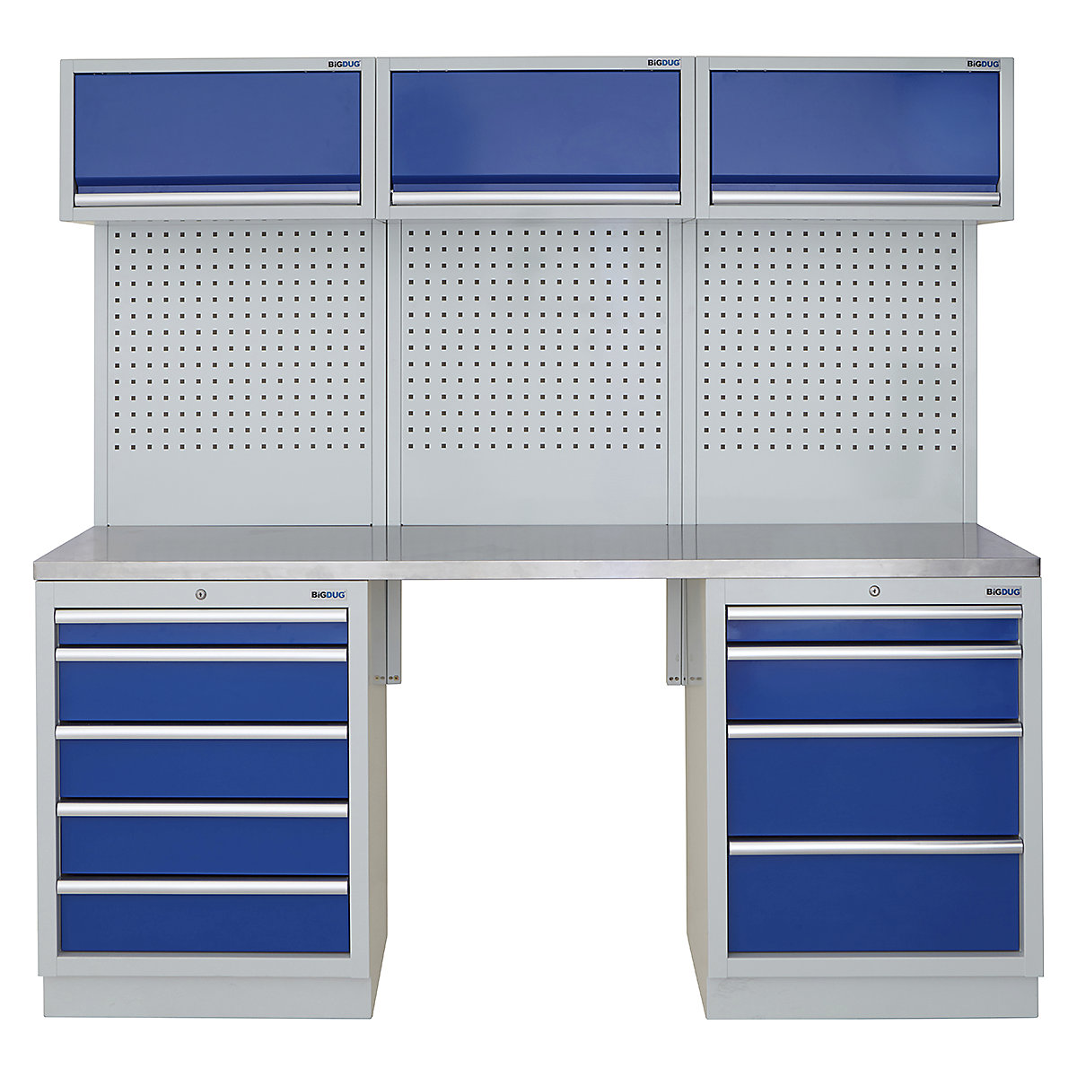 BiGDUG | 2041mm Wide Modular Storage System | 5 Cabinet, BiGDUG | 2041mm Wide Modular Storage System | 5 Cabinet, BiGDUG | 2041mm Wide Storage System | 5 Drawer Cabinet | 4 Drawer Cabinet | 3x Wall Panel | 3x Wall Cupboard | Grey Housing | Blue Doors | Stainless Worktop-0