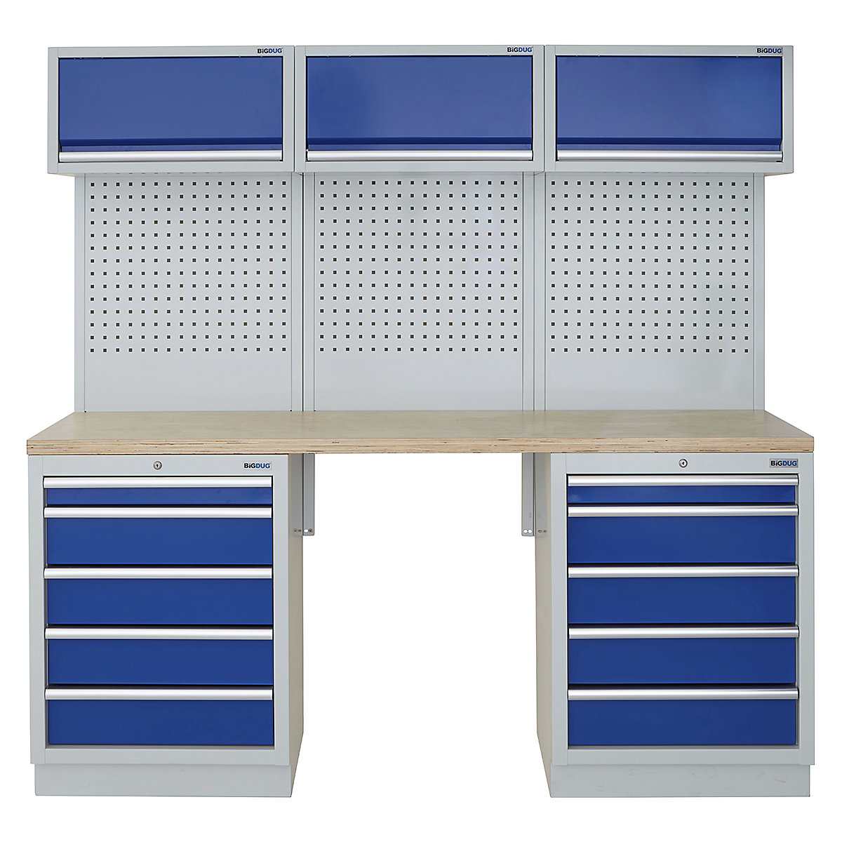 BiGDUG | 2041mm Wide Modular Storage System | 5 Cabinet, BiGDUG | 2041mm Wide Modular Storage System | 5 Cabinet, BiGDUG | 2041mm Wide Storage System | 2x 5 Drawer Cabinet | 3x Wall Panel | 3x Wall Cupboard | Grey Housing | Blue Doors | Multiplex Worktop-0