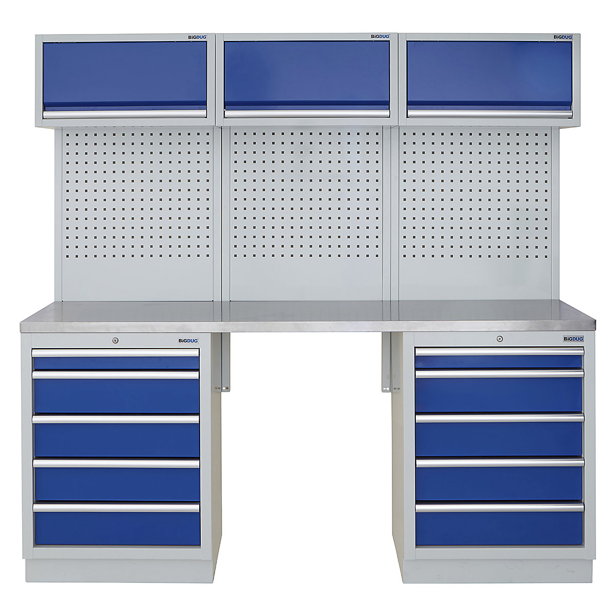 BiGDUG | 2041mm Wide Modular Storage System | 5 Cabinet, BiGDUG | 2041mm Wide Modular Storage System | 5 Cabinet, BiGDUG | 2041mm Wide Storage System | 2x 5 Drawer Cabinet | 3x Wall Panel | 3x Wall Cupboard | Grey Housing | Blue Doors | Stainless Worktop-0