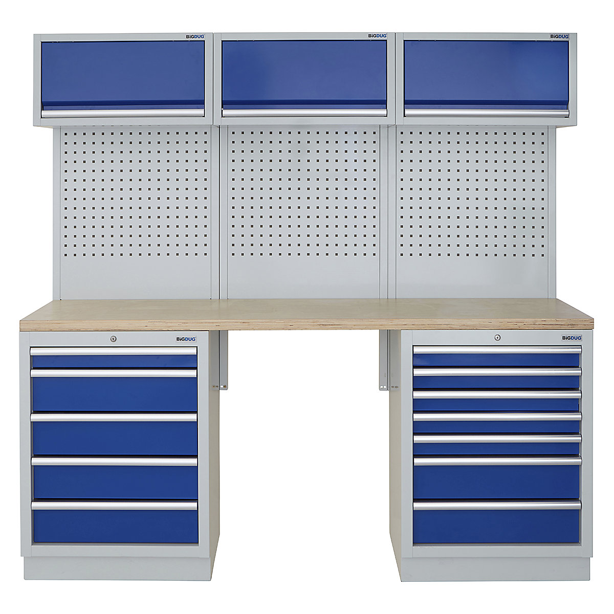 BiGDUG | 2041mm Wide Modular Storage System | 5 Cabinet, BiGDUG | 2041mm Wide Modular Storage System | 5 Cabinet, BiGDUG | 2041mm Wide Storage System | 5 Drawer Cabinet | 7 Drawer Cabinet | 3x Wall Panel | 3x Wall Cupboard | Grey Housing | Blue Doors | Multiplex Worktop-0