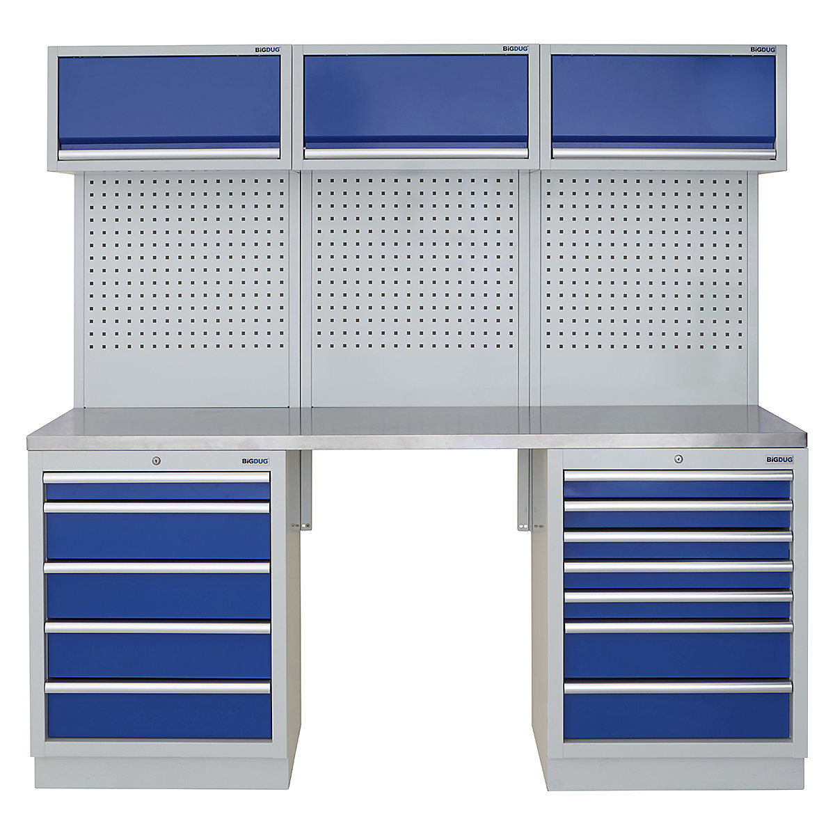 BiGDUG | 2041mm Wide Modular Storage System | 5 Cabinet, BiGDUG | 2041mm Wide Modular Storage System | 5 Cabinet, BiGDUG | 2041mm Wide Storage System | 5 Drawer Cabinet | 7 Drawer Cabinet | 3x Wall Panel | 3x Wall Cupboard | Grey Housing | Blue Doors | Stainless Worktop-0