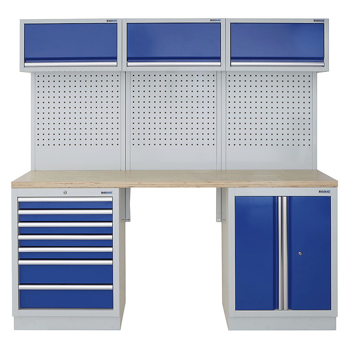 BiGDUG | 2041mm Wide Modular Storage System | 5 Cabinet, BiGDUG | 2041mm Wide Modular Storage System | 5 Cabinet, BiGDUG | 2041mm Wide Storage System | 7 Drawer Cabinet | 2 Door Cupboard | 3x Wall Panel | 3x Wall Cupboard | Grey Housing | Blue Doors | Multiplex Worktop-0