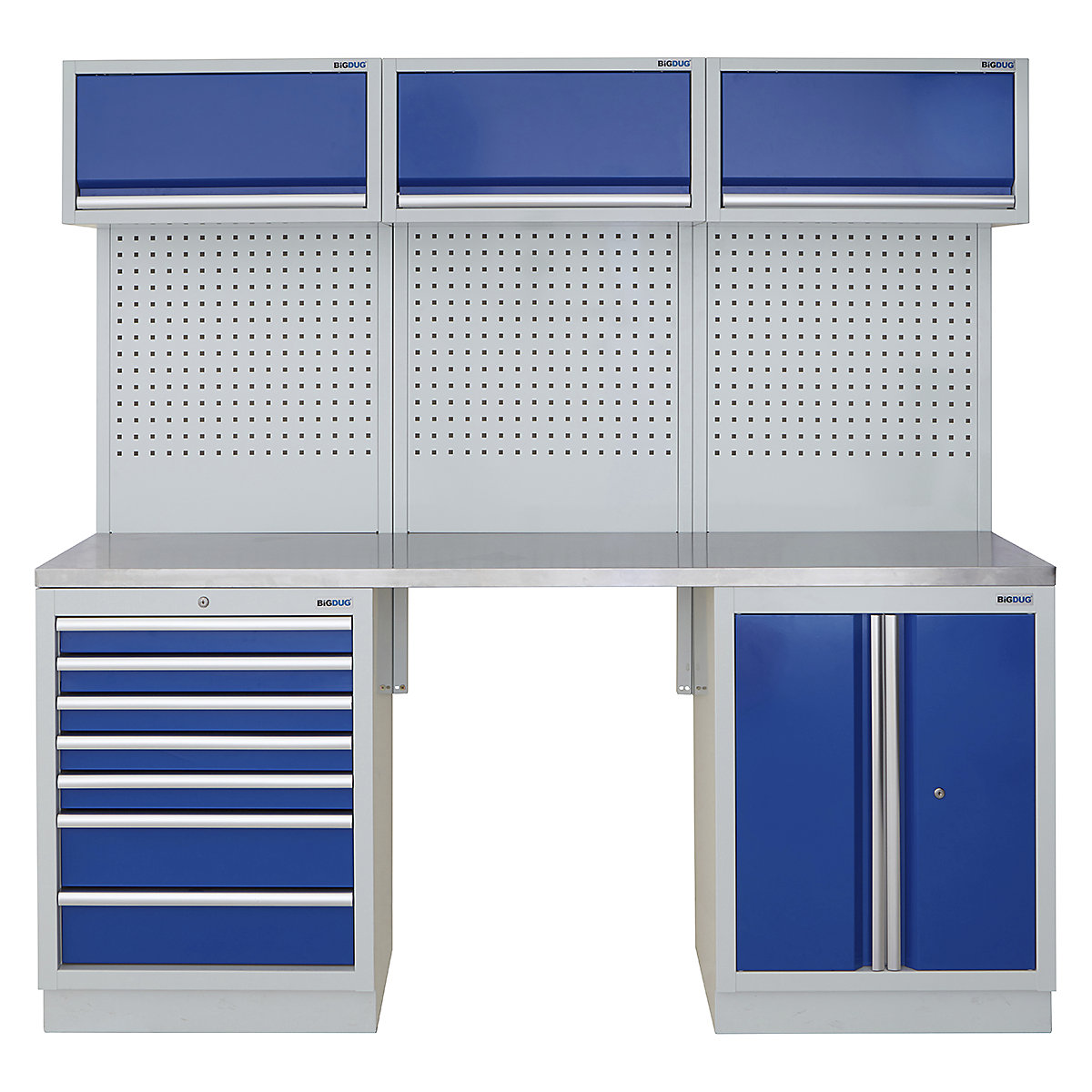 BiGDUG | 2041mm Wide Modular Storage System | 5 Cabinet, BiGDUG | 2041mm Wide Modular Storage System | 5 Cabinet, BiGDUG | 2041mm Wide Storage System | 7 Drawer Cabinet | 2 Door Cupboard | 3x Wall Panel | 3x Wall Cupboard | Grey Housing | Blue Doors | Stainless Worktop-0