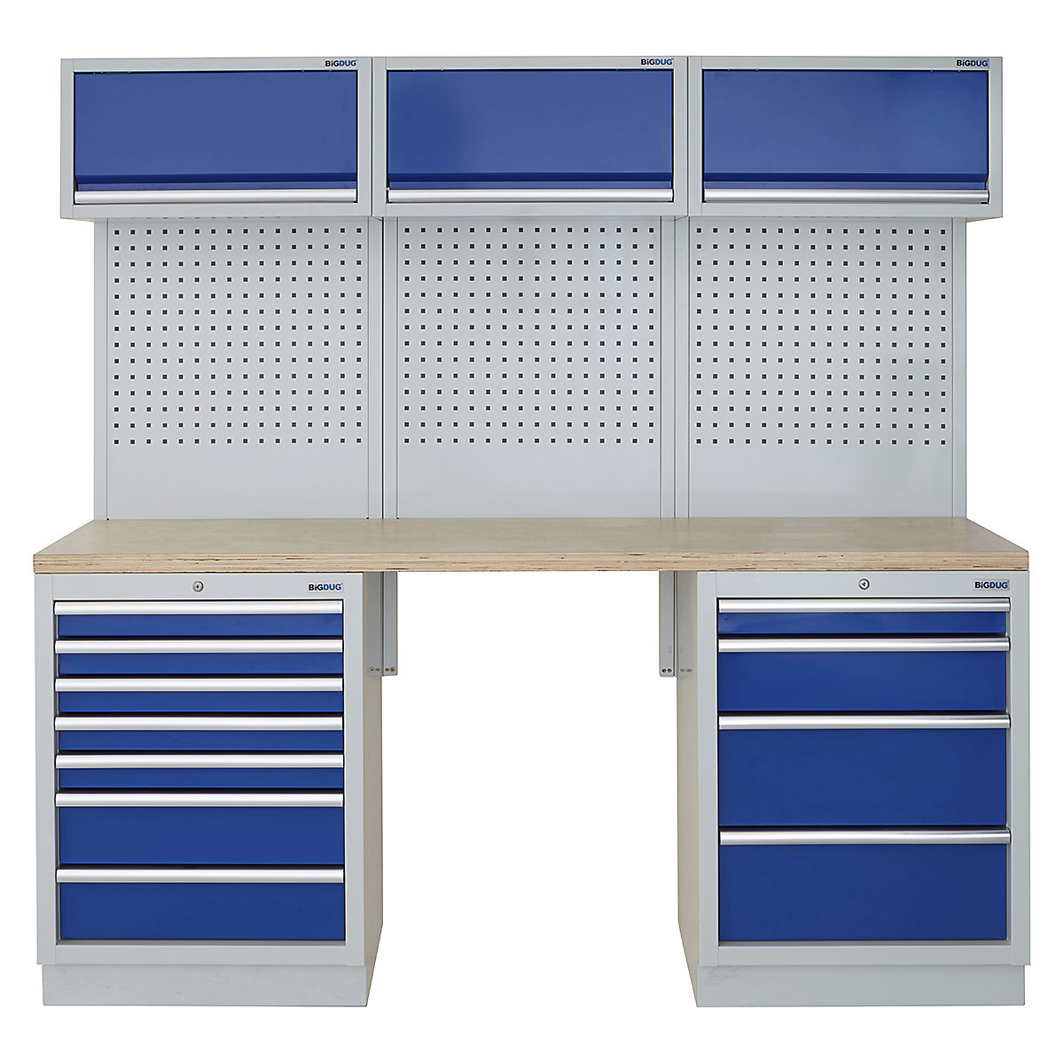 BiGDUG | 2041mm Wide Modular Storage System | 5 Cabinet, BiGDUG | 2041mm Wide Modular Storage System | 5 Cabinet, BiGDUG | 2041mm Wide Storage System | 7 Drawer Cabinet | 4 Drawer Cabinet | 3x Wall Panel | 3x Wall Cupboard | Grey Housing | Blue Doors | Multiplex Worktop-0