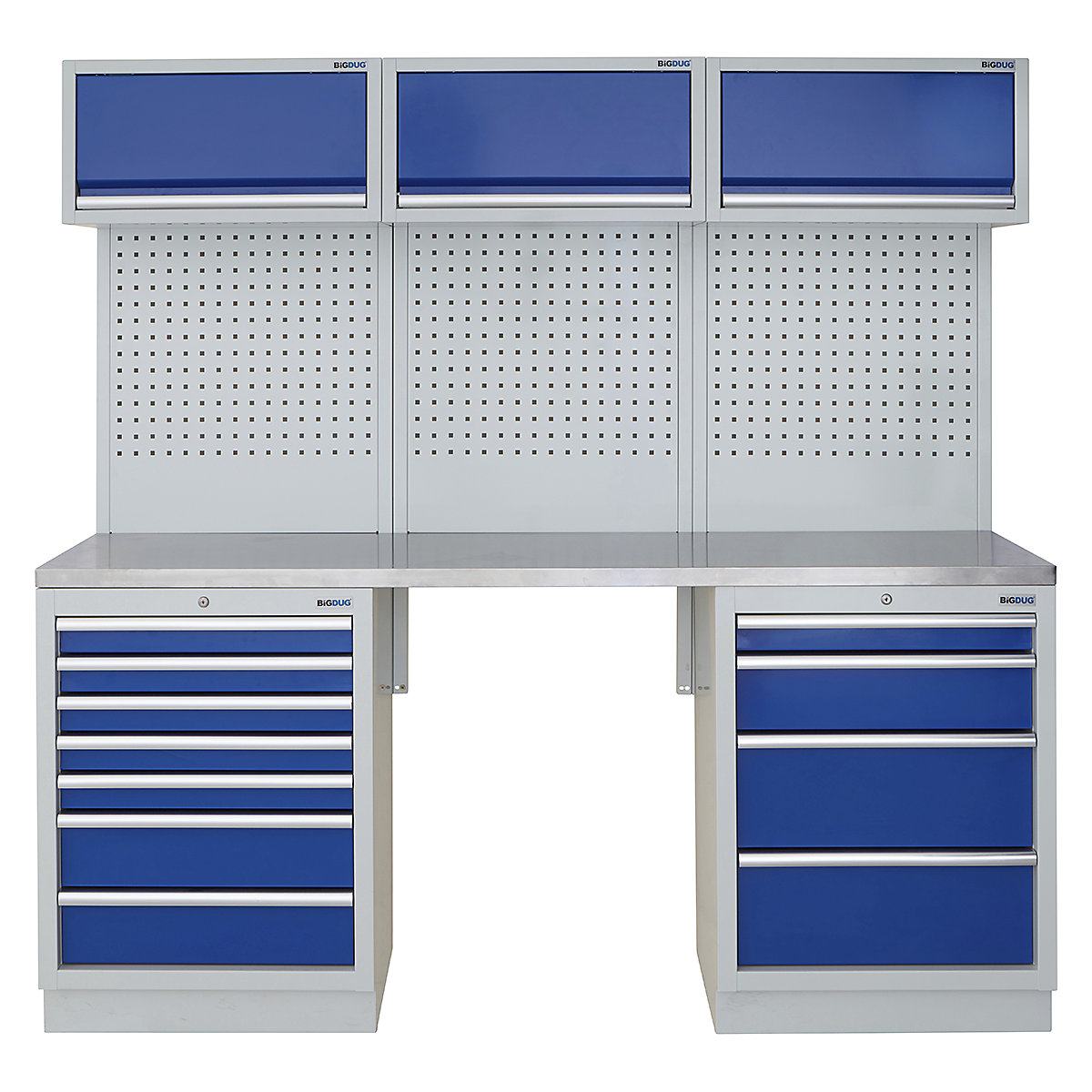 BiGDUG | 2041mm Wide Modular Storage System | 5 Cabinet, BiGDUG | 2041mm Wide Modular Storage System | 5 Cabinet, BiGDUG | 2041mm Wide Storage System | 7 Drawer Cabinet | 4 Drawer Cabinet | 3x Wall Panel | 3x Wall Cupboard | Grey Housing | Blue Doors | Stainless Worktop-0