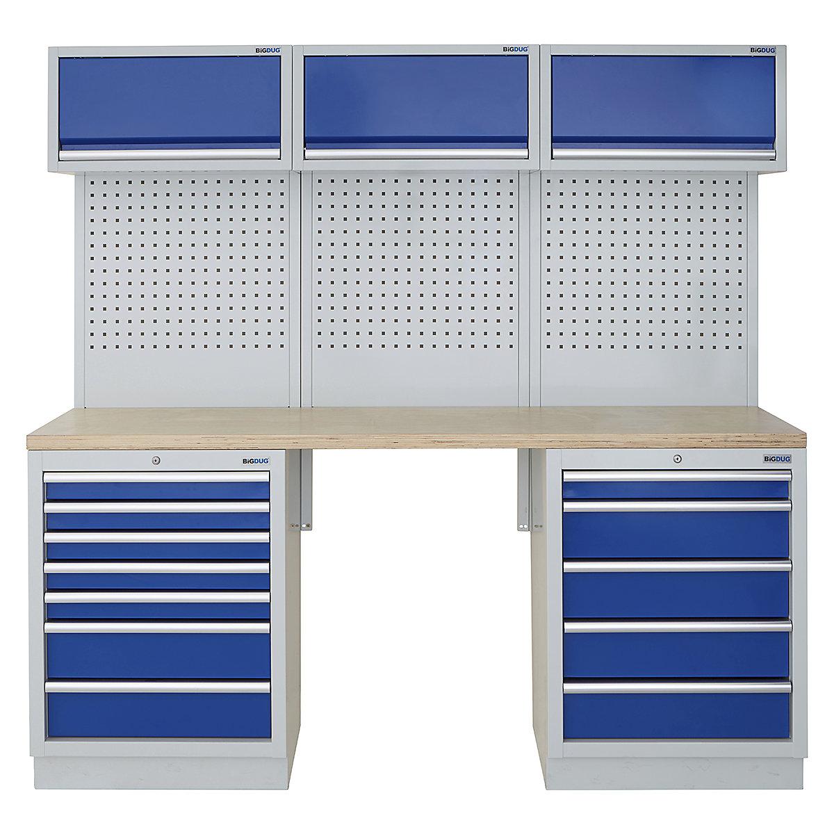 BiGDUG | 2041mm Wide Modular Storage System | 5 Cabinet, BiGDUG | 2041mm Wide Modular Storage System | 5 Cabinet, BiGDUG | 2041mm Wide Storage System | 7 Drawer Cabinet | 5 Drawer Cabinet | 3x Wall Panel | 3x Wall Cupboard | Grey Housing | Blue Doors | Multiplex Worktop-0
