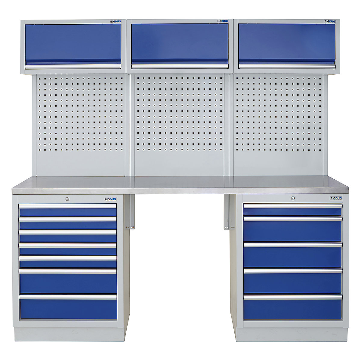BiGDUG | 2041mm Wide Modular Storage System | 5 Cabinet, BiGDUG | 2041mm Wide Modular Storage System | 5 Cabinet, BiGDUG | 2041mm Wide Storage System | 7 Drawer Cabinet | 5 Drawer Cabinet | 3x Wall Panel | 3x Wall Cupboard | Grey Housing | Blue Doors | Stainless Worktop-0