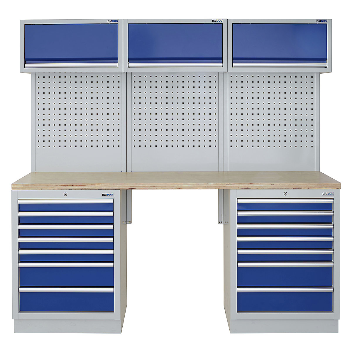 BiGDUG | 2041mm Wide Modular Storage System | 5 Cabinet, BiGDUG | 2041mm Wide Modular Storage System | 5 Cabinet, BiGDUG | 2041mm Wide Storage System | 2x 7 Drawer Cabinet | 3x Wall Panel | 3x Wall Cupboard | Grey Housing | Blue Doors | Multiplex Worktop-0
