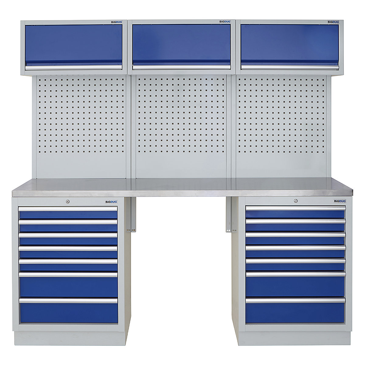 BiGDUG | 2041mm Wide Modular Storage System | 5 Cabinet, BiGDUG | 2041mm Wide Modular Storage System | 5 Cabinet, BiGDUG | 2041mm Wide Storage System | 2x 7 Drawer Cabinet | 3x Wall Panel | 3x Wall Cupboard | Grey Housing | Blue Doors | Stainless Worktop-0