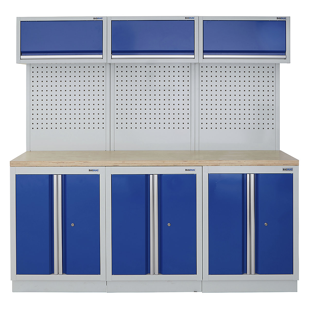 BiGDUG | 2041mm Wide Modular Storage System | 6 Cabinet, BiGDUG | 2041mm Wide Modular Storage System | 6 Cabinet, BiGDUG | 2041mm Wide Storage System | 3x 2 Door Cupboard | 3x Wall Panel | 3x Wall Cupboard | Grey Housing | Blue Doors | Multiplex Worktop-0