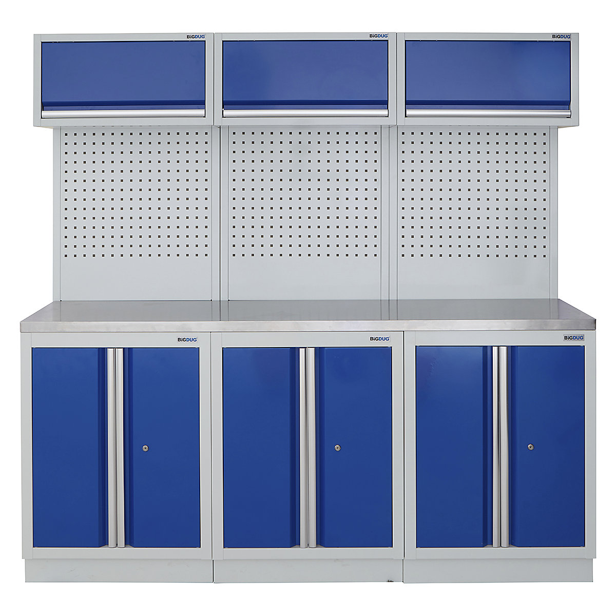 BiGDUG | 2041mm Wide Modular Storage System | 6 Cabinet, BiGDUG | 2041mm Wide Modular Storage System | 6 Cabinet, BiGDUG | 2041mm Wide Storage System | 3x 2 Door Cupboard | 3x Wall Panel | 3x Wall Cupboard | Grey Housing | Blue Doors | Stainless Worktop-0