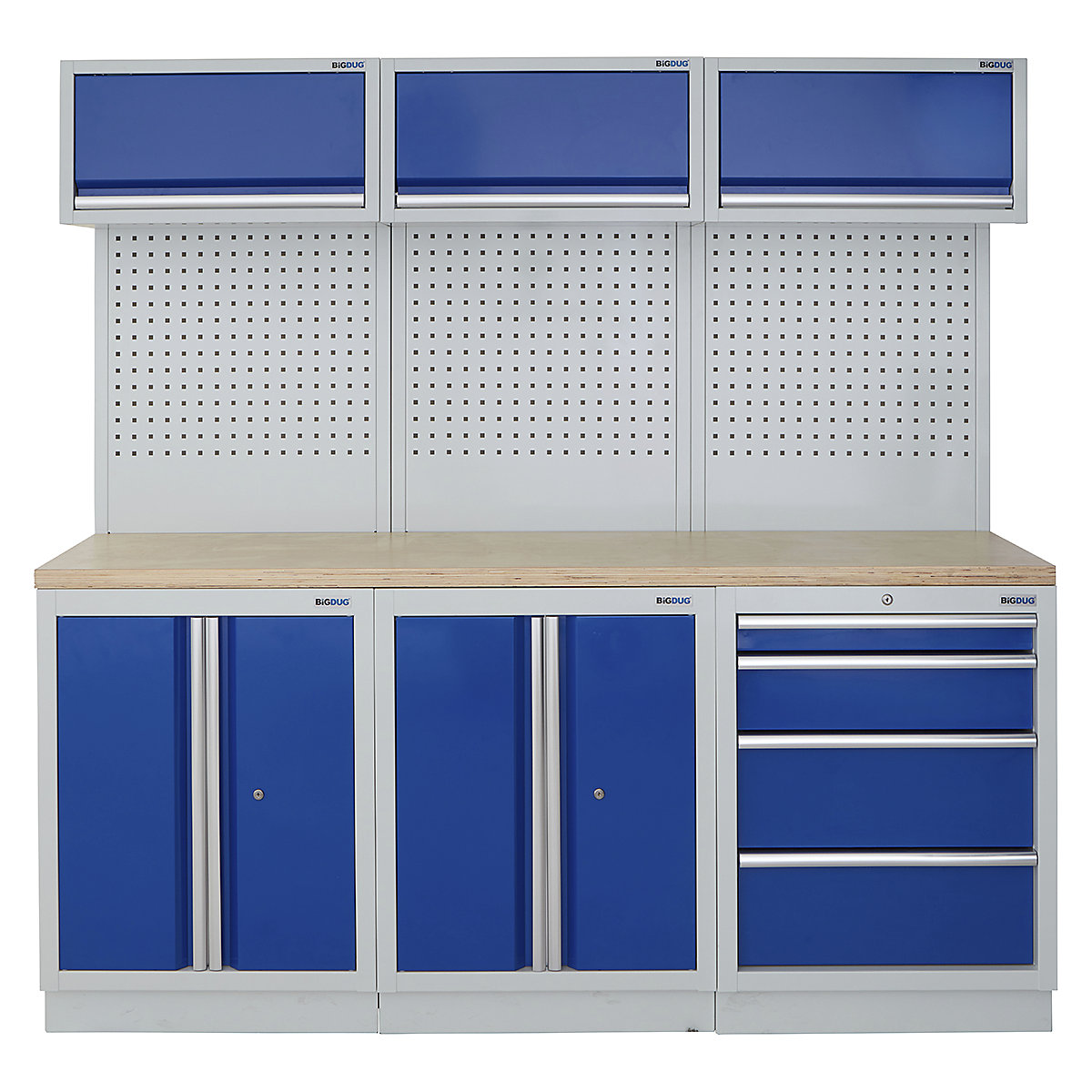 BiGDUG | 2041mm Wide Modular Storage System | 6 Cabinet, BiGDUG | 2041mm Wide Modular Storage System | 6 Cabinet, BiGDUG | 2041mm Wide Storage System | 2 Door Cupboard | 2 Door Cupboard | 4 Drawer Cabinet | 3x Wall Panel | 3x Wall Cupboard | Grey Housing | Blue Doors | Multiplex Worktop-0