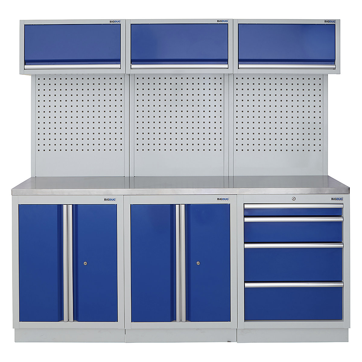 BiGDUG | 2041mm Wide Modular Storage System | 6 Cabinet, BiGDUG | 2041mm Wide Modular Storage System | 6 Cabinet, BiGDUG | 2041mm Wide Storage System | 2 Door Cupboard | 2 Door Cupboard | 4 Drawer Cabinet | 3x Wall Panel | 3x Wall Cupboard | Grey Housing | Blue Doors | Stainless Worktop-0