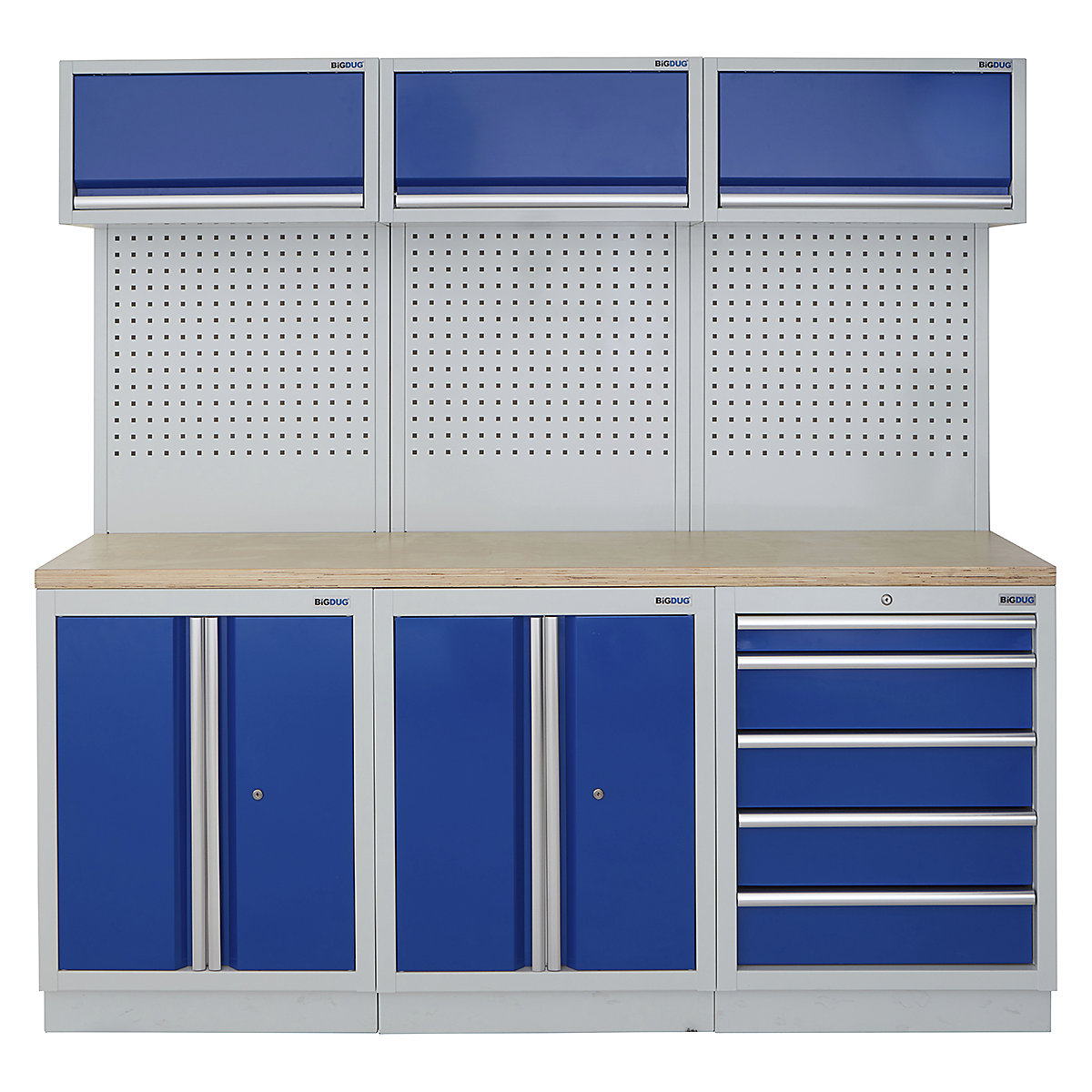 BiGDUG | 2041mm Wide Modular Storage System | 6 Cabinet, BiGDUG | 2041mm Wide Modular Storage System | 6 Cabinet, BiGDUG | 2041mm Wide Storage System | 2 Door Cupboard | 2 Door Cupboard | 5 Drawer Cabinet | 3x Wall Panel | 3x Wall Cupboard | Grey Housing | Blue Doors | Multiplex Worktop-0