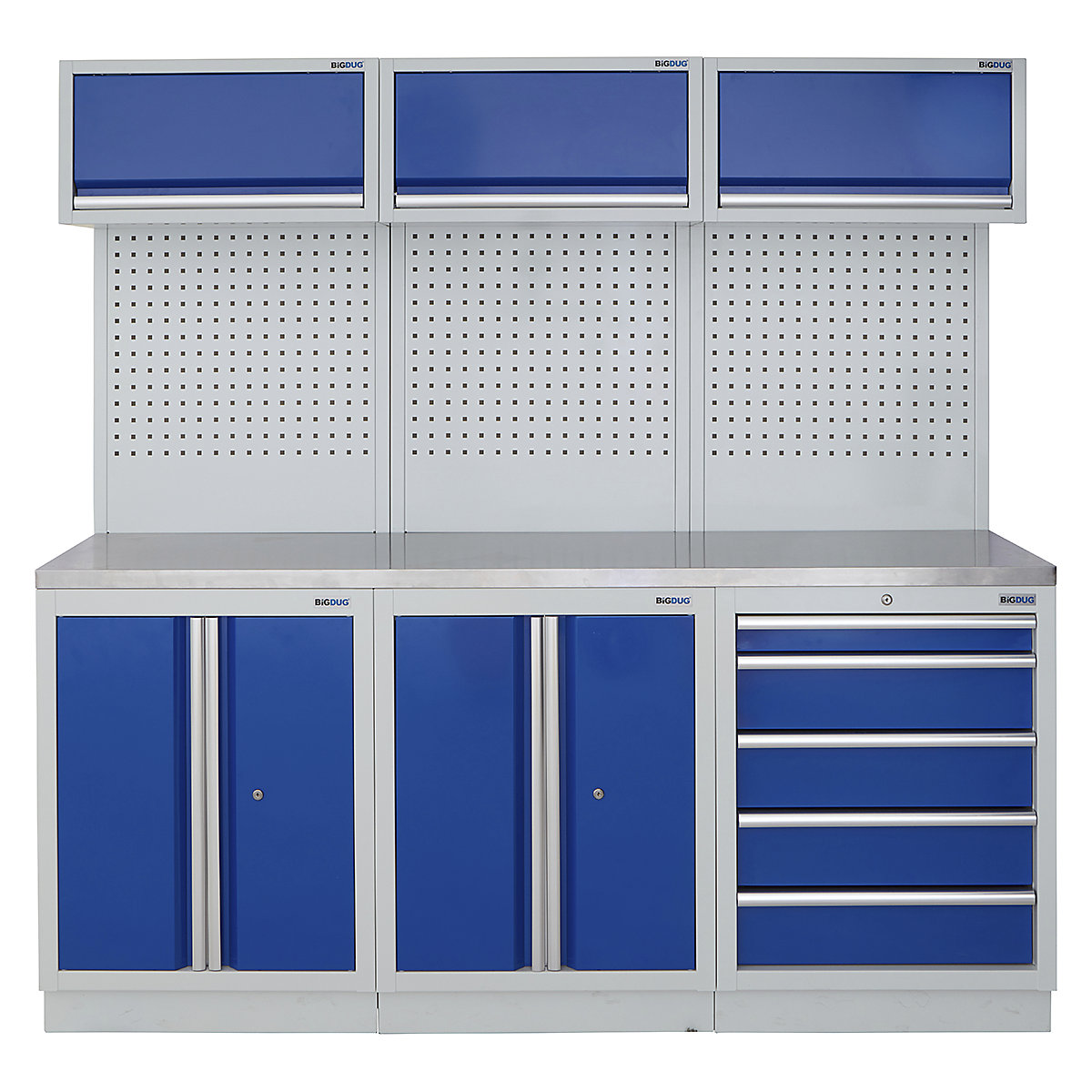 BiGDUG | 2041mm Wide Modular Storage System | 6 Cabinet, BiGDUG | 2041mm Wide Modular Storage System | 6 Cabinet, BiGDUG | 2041mm Wide Storage System | 2 Door Cupboard | 2 Door Cupboard | 5 Drawer Cabinet | 3x Wall Panel | 3x Wall Cupboard | Grey Housing | Blue Doors | Stainless Worktop-0