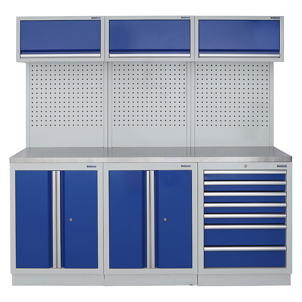 BiGDUG | 2041mm Wide Modular Storage System | 6 Cabinet, BiGDUG | 2041mm Wide Modular Storage System | 6 Cabinet, BiGDUG | 2041mm Wide Storage System | 2 Door Cupboard | 2 Door Cupboard | 7 Drawer Cabinet | 3x Wall Panel | 3x Wall Cupboard | Grey Housing | Blue Doors | Stainless Worktop-0