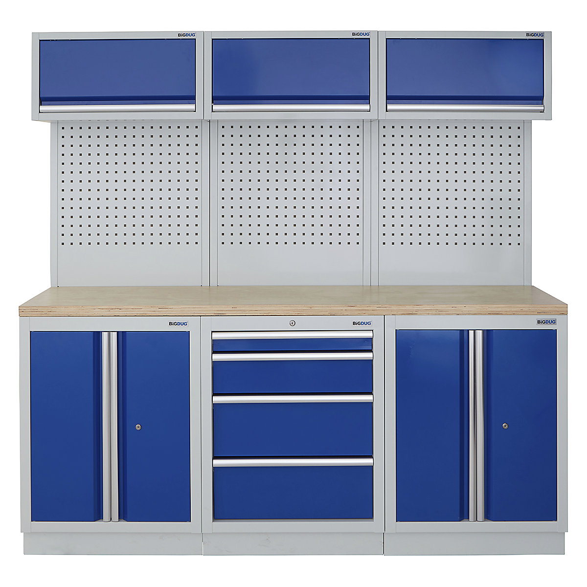 BiGDUG | 2041mm Wide Modular Storage System | 6 Cabinet, BiGDUG | 2041mm Wide Modular Storage System | 6 Cabinet, BiGDUG | 2041mm Wide Storage System | 2 Door Cupboard | 4 Drawer Cabinet | 2 Door Cupboard | 3x Wall Panel | 3x Wall Cupboard | Grey Housing | Blue Doors | Multiplex Worktop-0