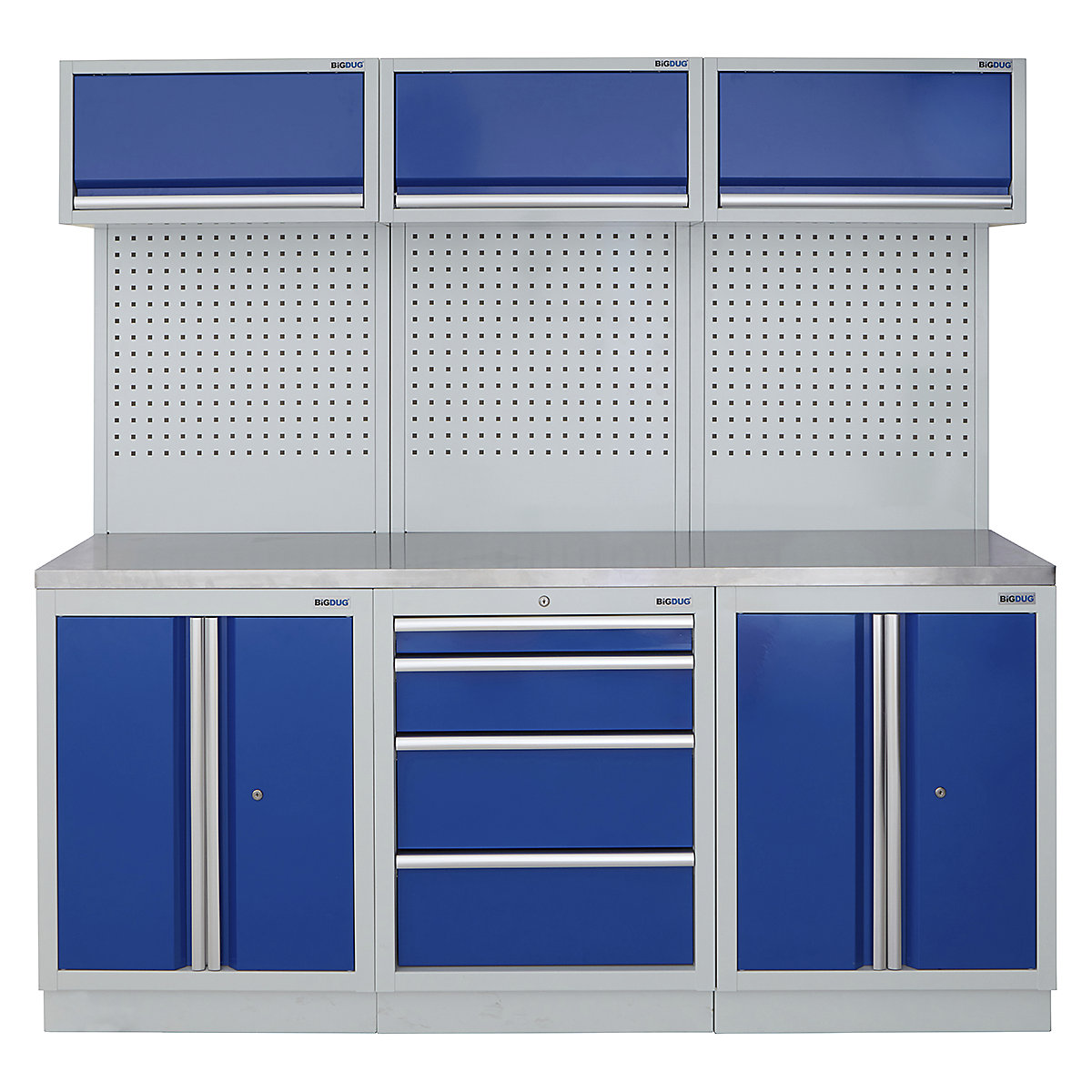BiGDUG | 2041mm Wide Modular Storage System | 6 Cabinet, BiGDUG | 2041mm Wide Modular Storage System | 6 Cabinet, BiGDUG | 2041mm Wide Storage System | 2 Door Cupboard | 4 Drawer Cabinet | 2 Door Cupboard | 3x Wall Panel | 3x Wall Cupboard | Grey Housing | Blue Doors | Stainless Worktop-0