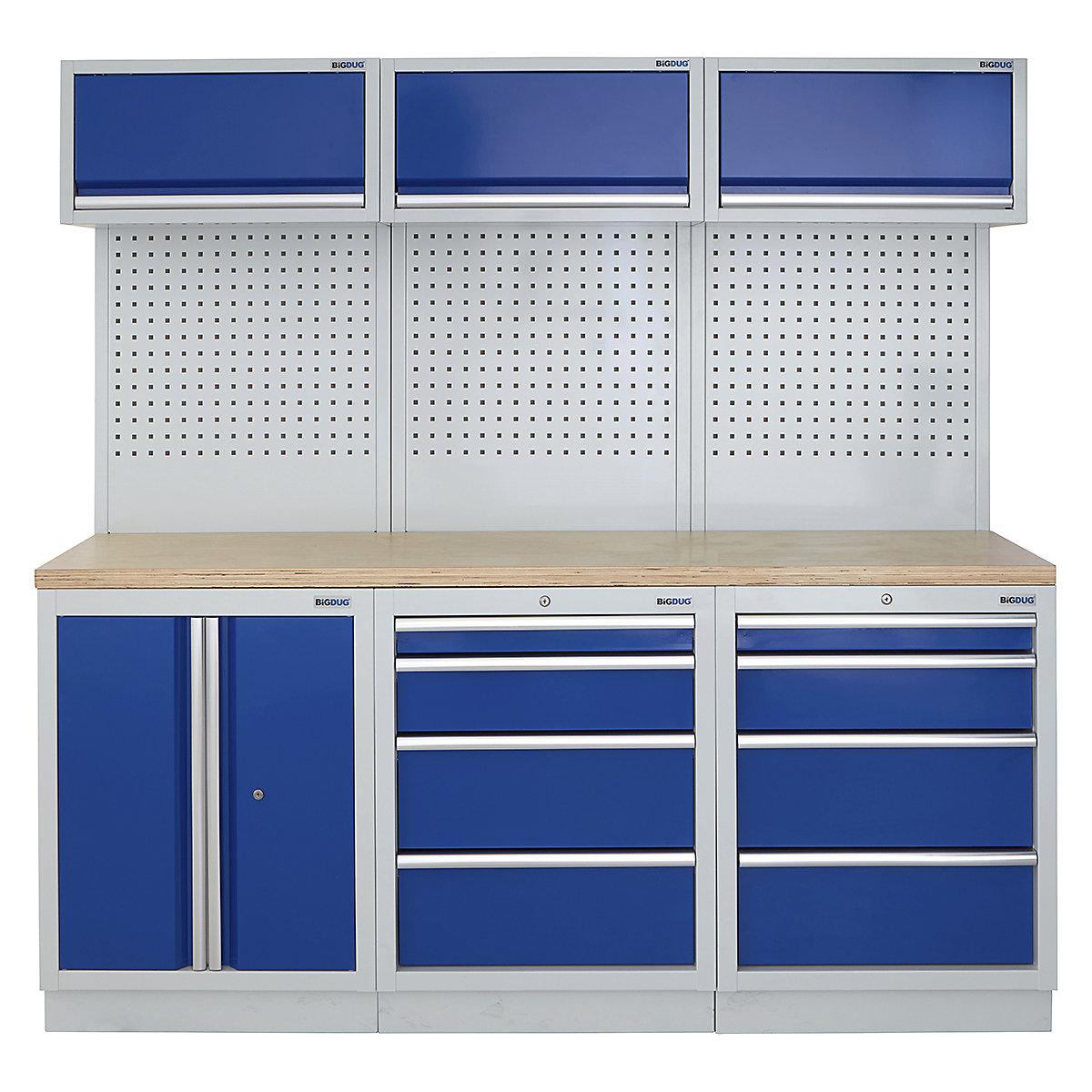 BiGDUG | 2041mm Wide Modular Storage System | 6 Cabinet, BiGDUG | 2041mm Wide Modular Storage System | 6 Cabinet, BiGDUG | 2041mm Wide Storage System | 4 Drawer Cabinet | 2 Door Cupboard | 2 Door Cupboard | 3x Wall Panel | 3x Wall Cupboard | Grey Housing | Blue Doors | Multiplex Worktop-0