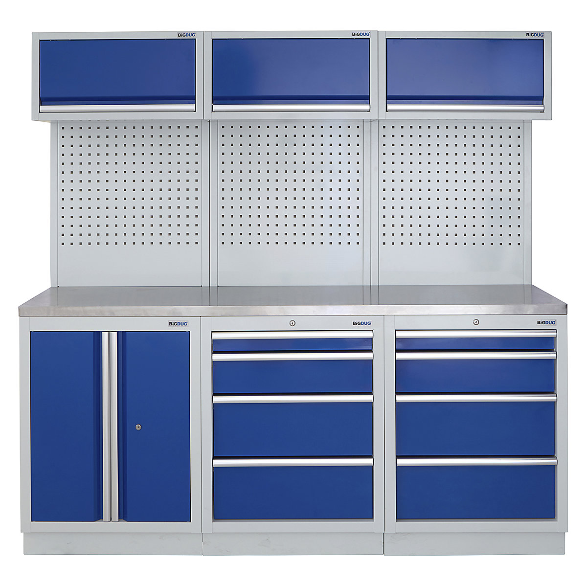 BiGDUG | 2041mm Wide Modular Storage System | 6 Cabinet, BiGDUG | 2041mm Wide Modular Storage System | 6 Cabinet, BiGDUG | 2041mm Wide Storage System | 2 Door Cupboard | 4 Drawer Cabinet | 4 Drawer Cabinet | 3x Wall Panel | 3x Wall Cupboard | Grey Housing | Blue Doors | Stainless Worktop-0