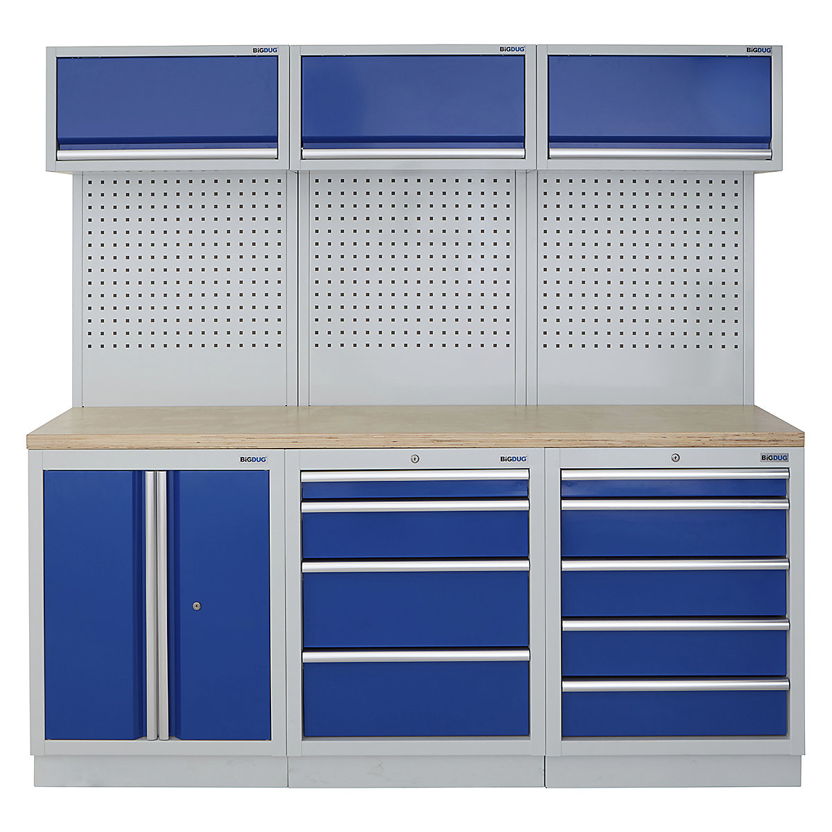 BiGDUG | 2041mm Wide Modular Storage System | 6 Cabinet, BiGDUG | 2041mm Wide Modular Storage System | 6 Cabinet, BiGDUG | 2041mm Wide Storage System | 2 Door Cupboard | 4 Drawer Cabinet | 5 Drawer Cabinet | 3x Wall Panel | 3x Wall Cupboard | Grey Housing | Blue Doors | Multiplex Worktop-1