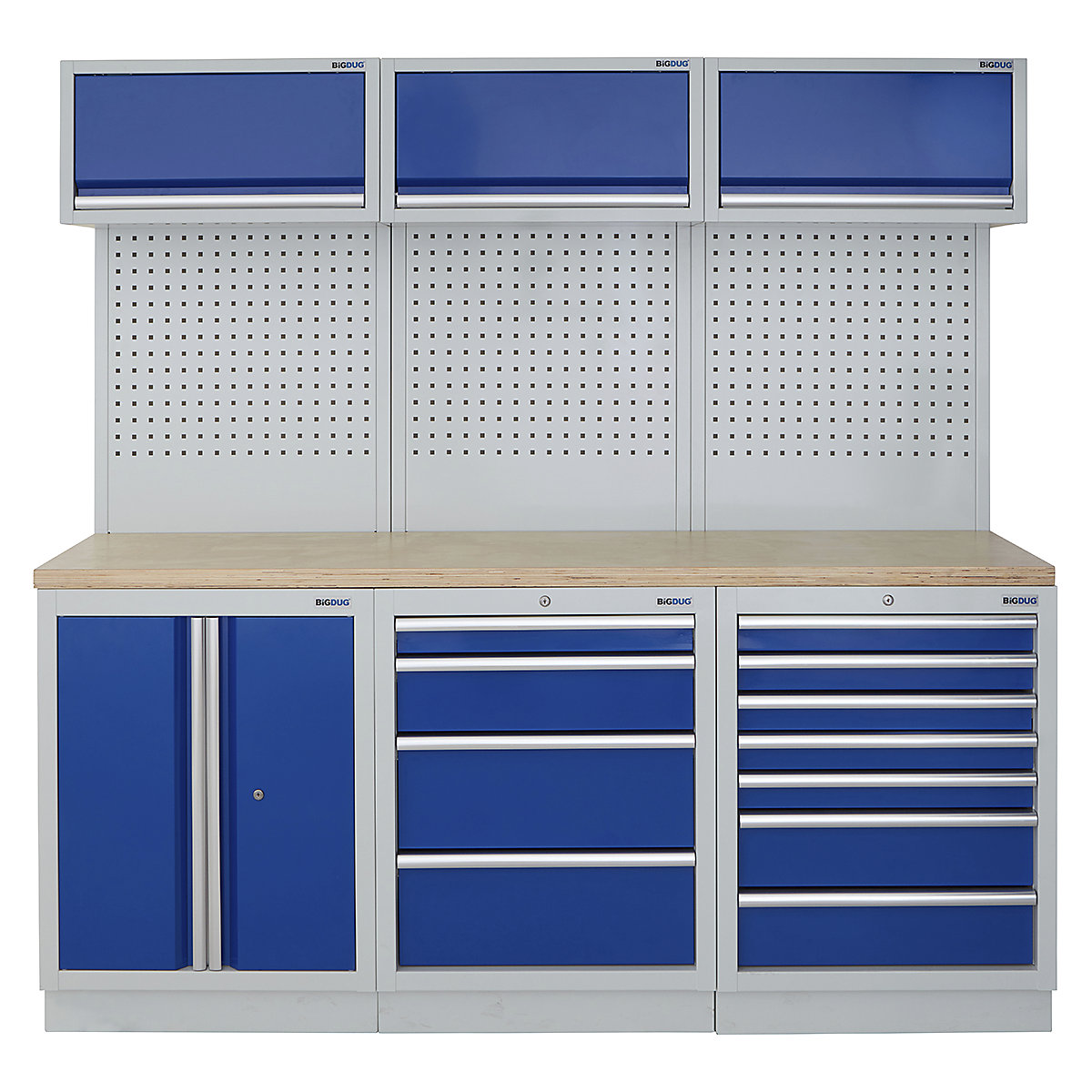 BiGDUG | 2041mm Wide Modular Storage System | 6 Cabinet, BiGDUG | 2041mm Wide Modular Storage System | 6 Cabinet, BiGDUG | 2041mm Wide Storage System | 2 Door Cupboard | 4 Drawer Cabinet | 7 Drawer Cabinet | 3x Wall Panel | 3x Wall Cupboard | Grey Housing | Blue Doors | Multiplex Worktop-0
