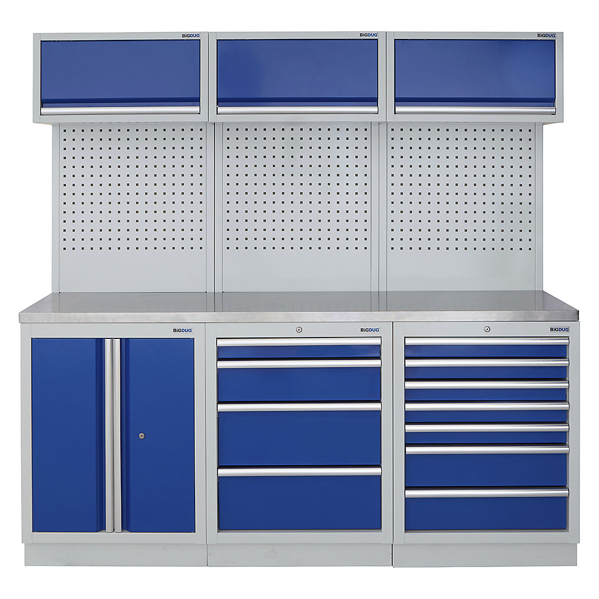 BiGDUG | 2041mm Wide Modular Storage System | 6 Cabinet, BiGDUG | 2041mm Wide Modular Storage System | 6 Cabinet, BiGDUG | 2041mm Wide Storage System | 2 Door Cupboard | 4 Drawer Cabinet | 7 Drawer Cabinet | 3x Wall Panel | 3x Wall Cupboard | Grey Housing | Blue Doors | Stainless Worktop-0